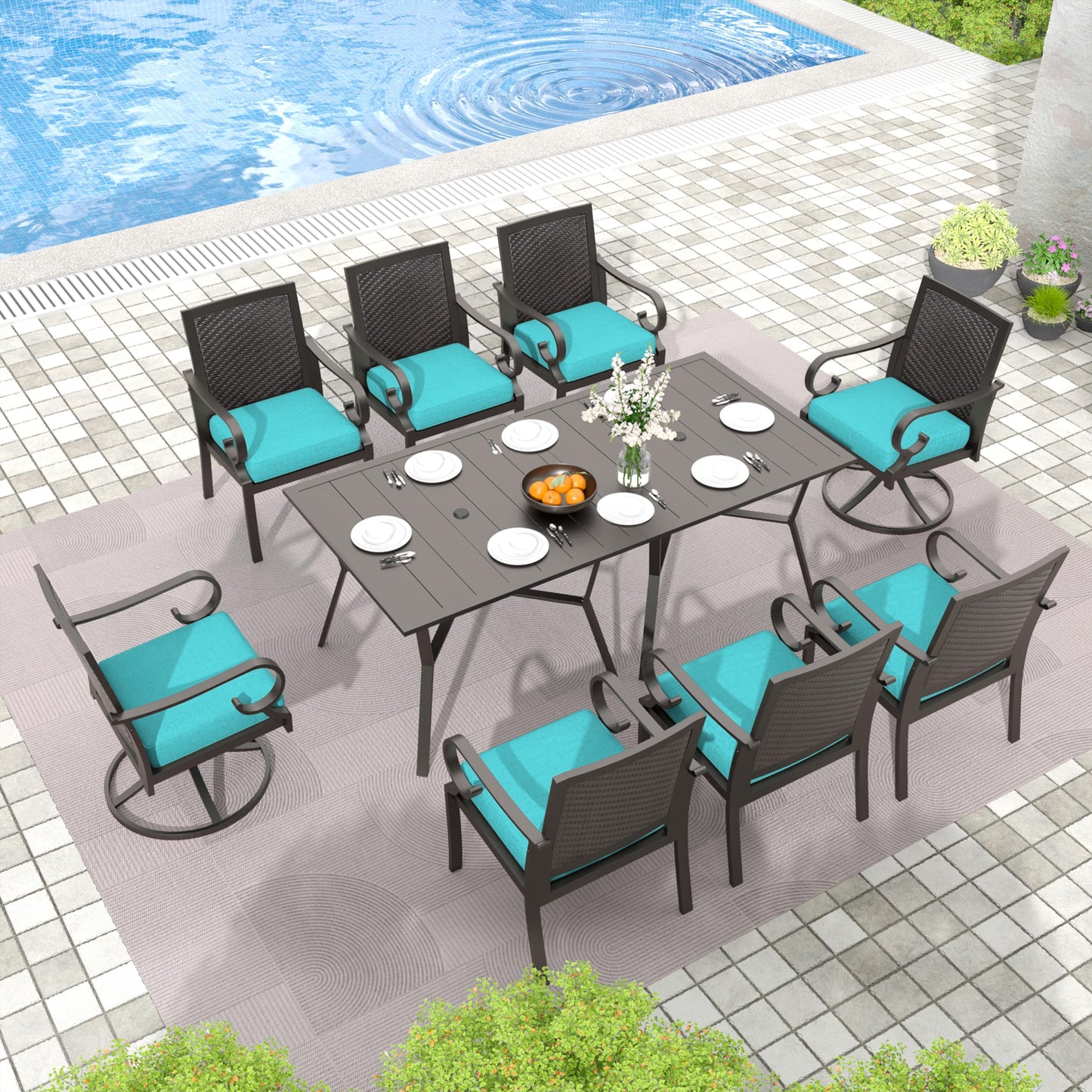 15 Pieces Patio Dining Set Outdoor Rattan Furniture Dinning Set with 3 Square Glass Tabletops 12 Chairs with Navy Blue Cushions for Patio, Backyard Outdoor Kitchen Lawn & Garden