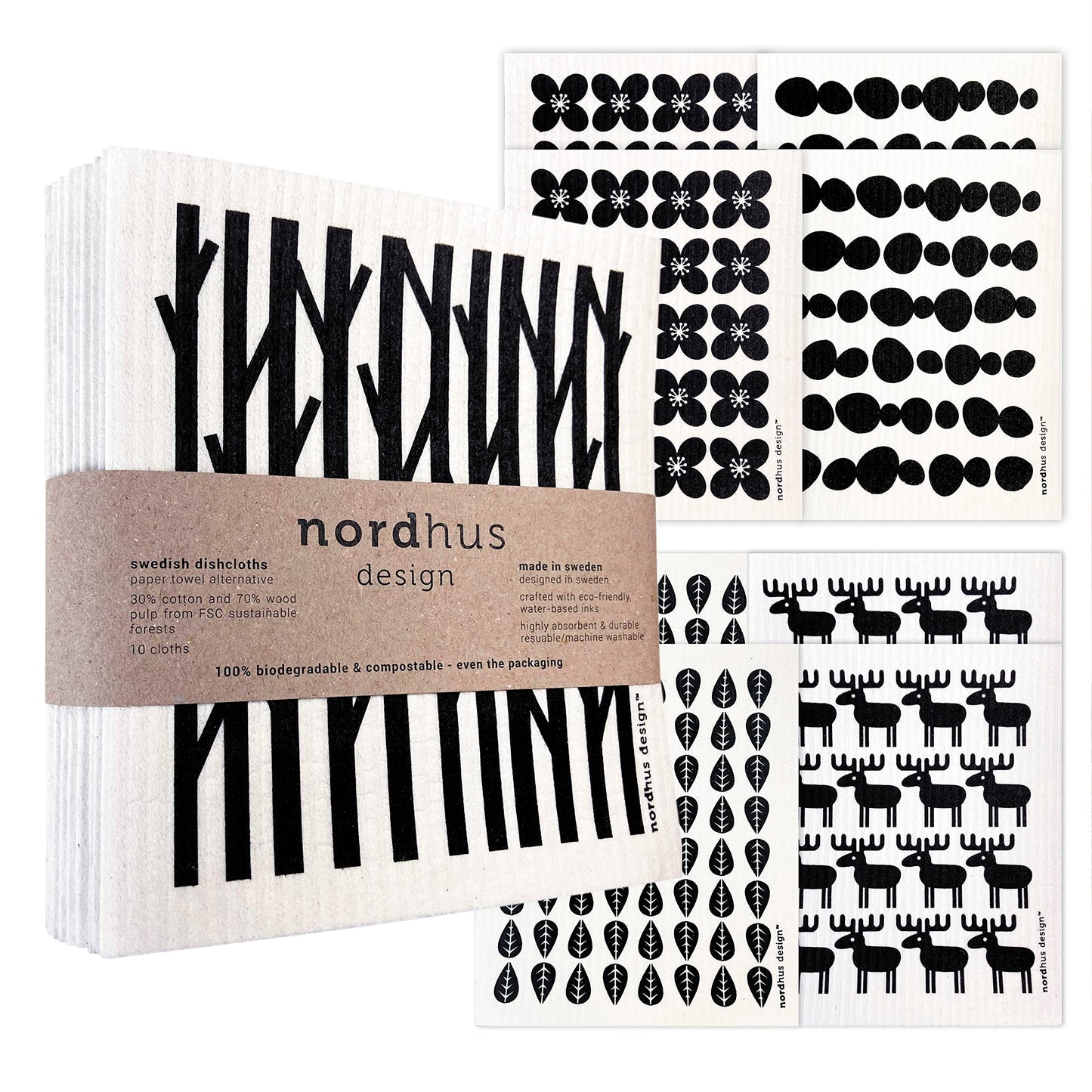 Nordhus Design Swedish Dishcloths for Kitchen, 10 Cloths, Made in Sweden - Reusable, Washable Cellulose Cotton Kitchen Cloths - Replace Paper Towels, Wipes, Sponges, Dish Rags