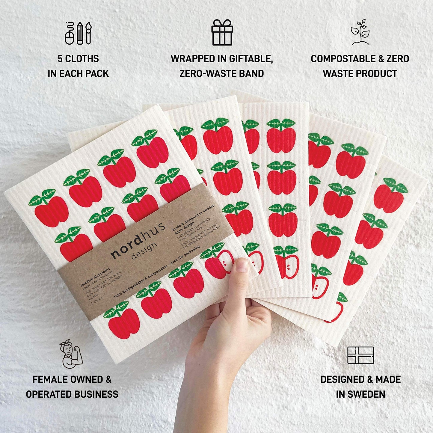 Nordhus Design Swedish Dishcloths for Kitchen, 10 Cloths, Made in Sweden - Reusable, Washable Cellulose Cotton Kitchen Cloths - Replace Paper Towels, Wipes, Sponges, Dish Rags