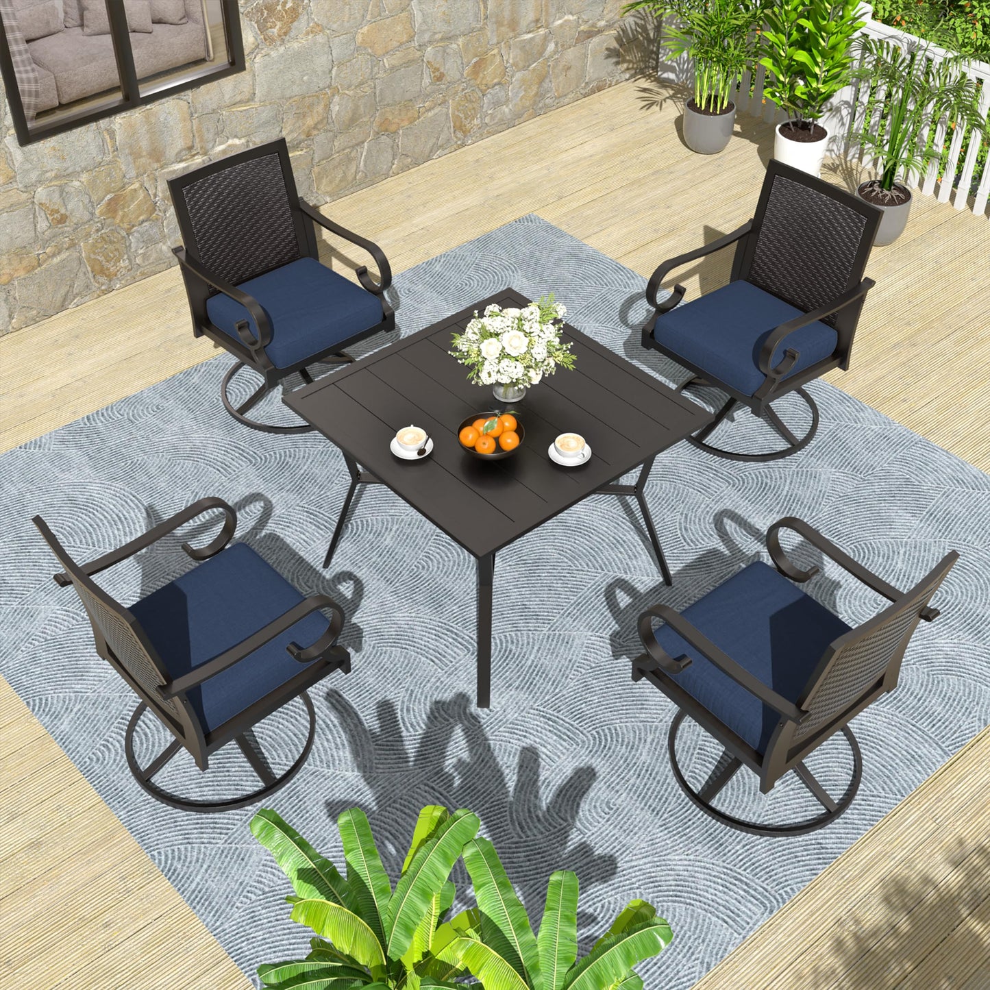 Ensemble de salle à manger de patio 15 pièces Meubles d'extérieur en rotin Ensemble de salle à manger avec 3 plateaux de table carrés en verre 12 chaises avec coussins bleu marine pour patio, arrière-cour, cuisine extérieure, pelouse et jardin 