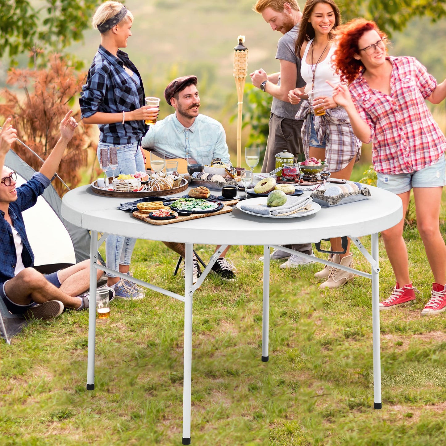 YITAHOME 6ft Outdoor Picnic Table with Wood-Like Tabletop, Sturdy Steel Frame and Umbrella Opening, Heavy Duty Picnic Table Ideal for Yard, Patio, Lawn Gatherings, Light Brown