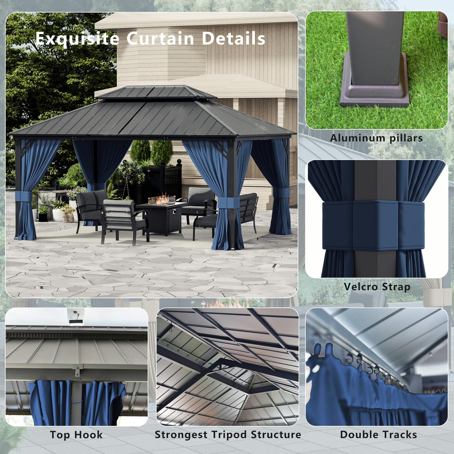 12x20ft Hardtop Gazebo Double Roof, Outdoor Pavilion with 2-Layer Hard top Galvanized Iron Frame Garden Tent, Suitable for courtyards, backyards, Decks, and Grass