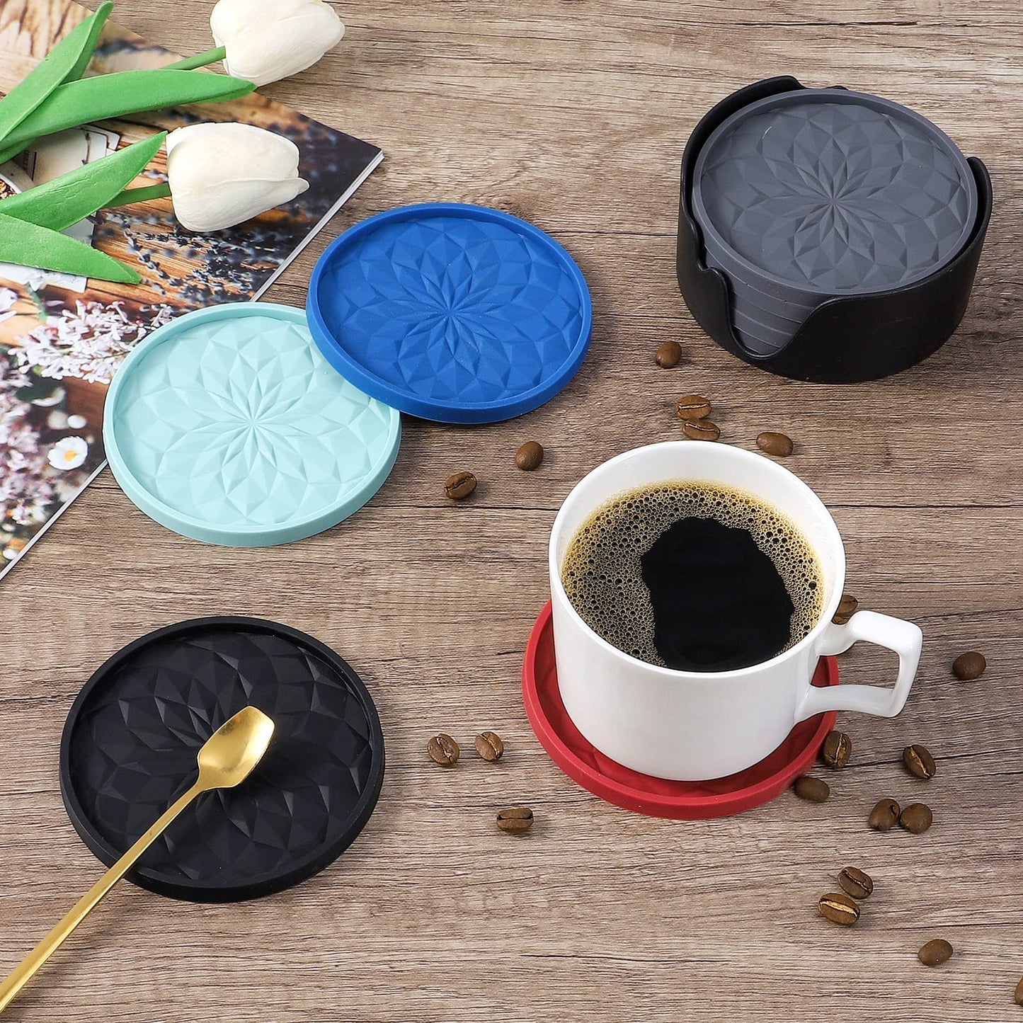 ME.FAN Silicone Coasters [6 Pack] Coasters with Holder - Drinking Coasters - Cup Mat for Drinks - Live for Hot or Cold Drink Thickened, Non-Slip, Non-stick, Deep Tray Teal Blue