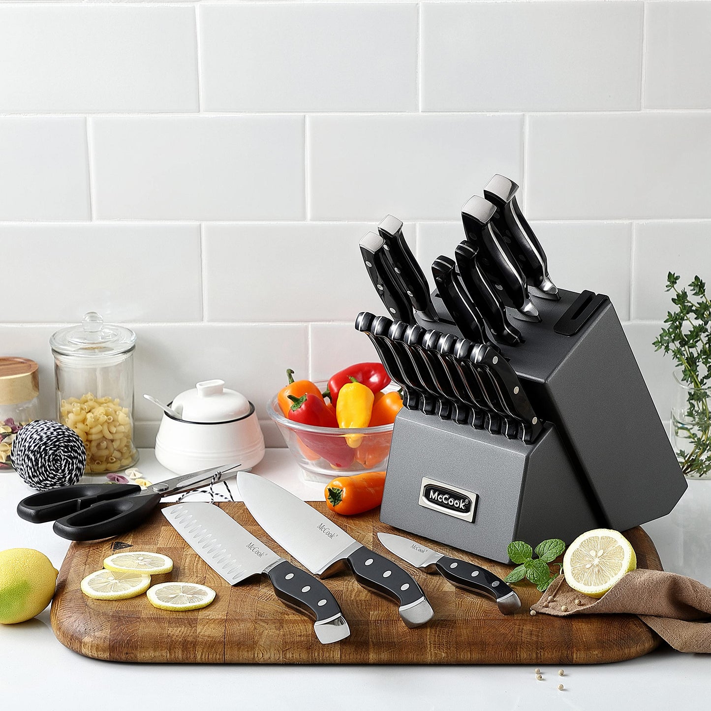 McCook® Knife Sets,German Stainless Steel Kitchen Knife Block Set with Built-in Sharpener