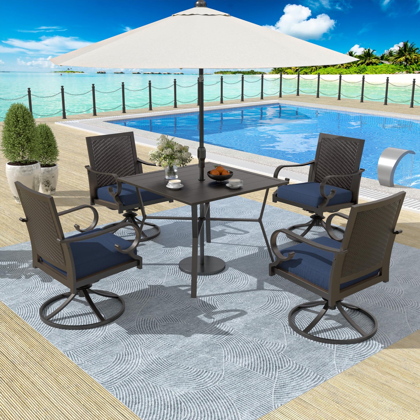 15 Pieces Patio Dining Set Outdoor Rattan Furniture Dinning Set with 3 Square Glass Tabletops 12 Chairs with Navy Blue Cushions for Patio, Backyard Outdoor Kitchen Lawn & Garden