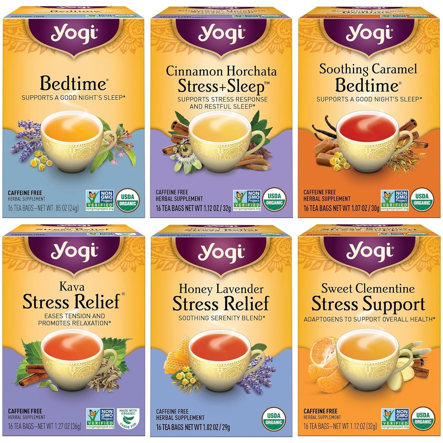 Yogi Tea Stress Relief & Herbal Variety Sampler - 16 Bags per Pack (6 Packs) - Organic Herbal Tea Sampler - Includes Bedtime, Kava Stress Relief, Soothing Caramel Bedtime & More