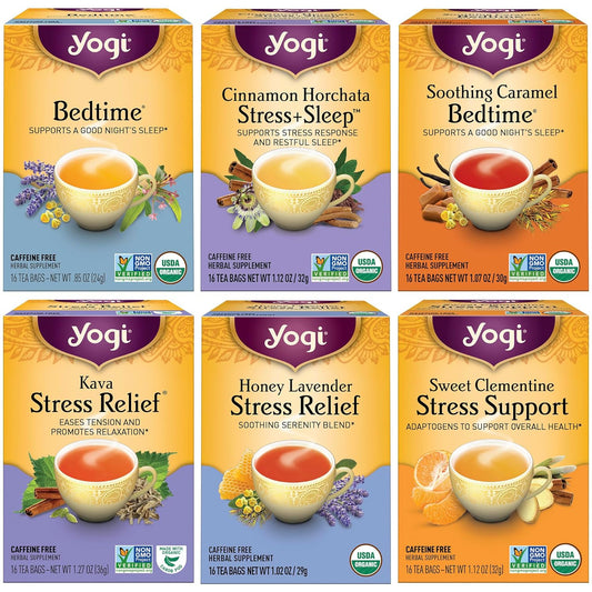 Yogi Tea Stress Relief & Herbal Variety Sampler - 16 Bags per Pack (6 Packs) - Organic Herbal Tea Sampler - Includes Bedtime, Kava Stress Relief, Soothing Caramel Bedtime & More