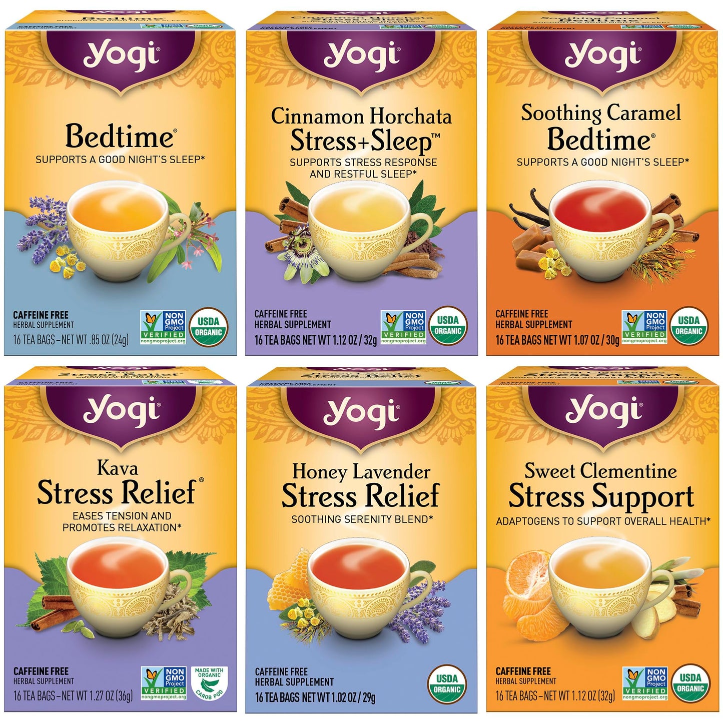 Pack varié de tisanes et de thés anti-stress Yogi Tea - 16 sachets de thé par paquet (6 paquets) - Échantillon de tisanes biologiques - Comprend du thé du soir, du thé anti-stress au kava, du thé apaisant au caramel du soir et plus encore 