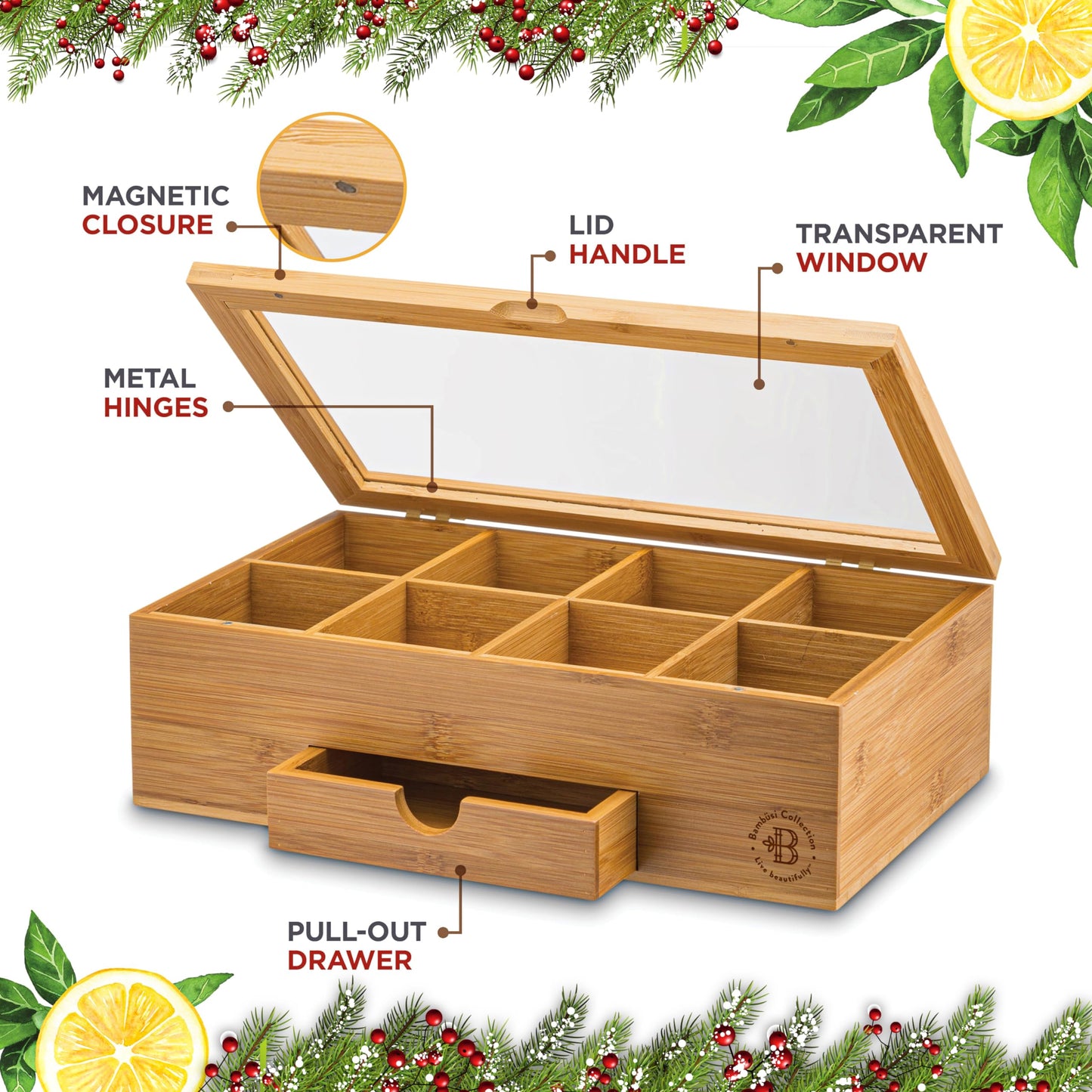 Bamboo Tea Bag Organizer Storage Box with Drawer & Acrylic Window - Magnetic Lid Keeps Contents Fresh - Ideal Mothers Day Gifts for Mom - Gift Caddy (Tea Not Included)