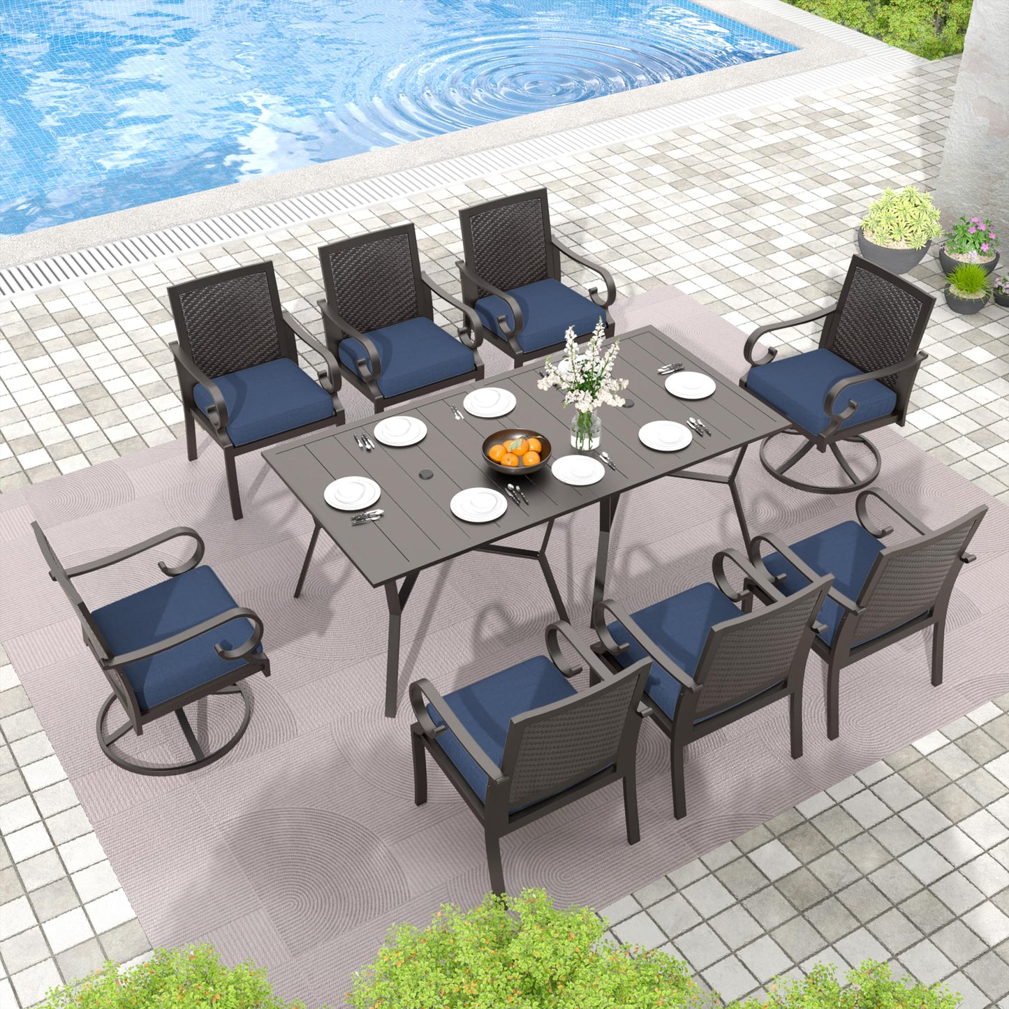 15 Pieces Patio Dining Set Outdoor Rattan Furniture Dinning Set with 3 Square Glass Tabletops 12 Chairs with Navy Blue Cushions for Patio, Backyard Outdoor Kitchen Lawn & Garden