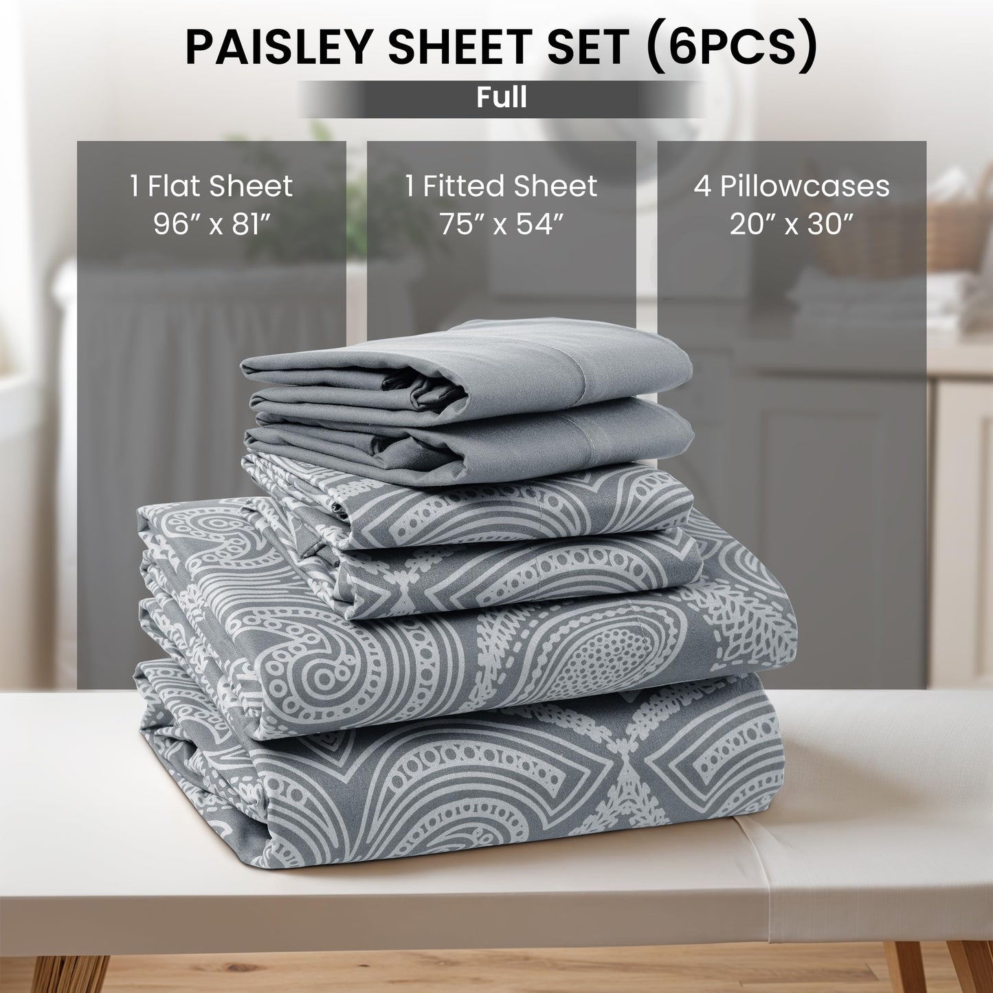 LUX Decor Paisley King Sheet Set, 6 PC Soft Microfiber Wrinkle Free Sheets - Luxurious Printed Bed Sheets Includes Flat Sheet, Fitted Sheet with Deep Pockets, & 4 Pillowcases - Taupe