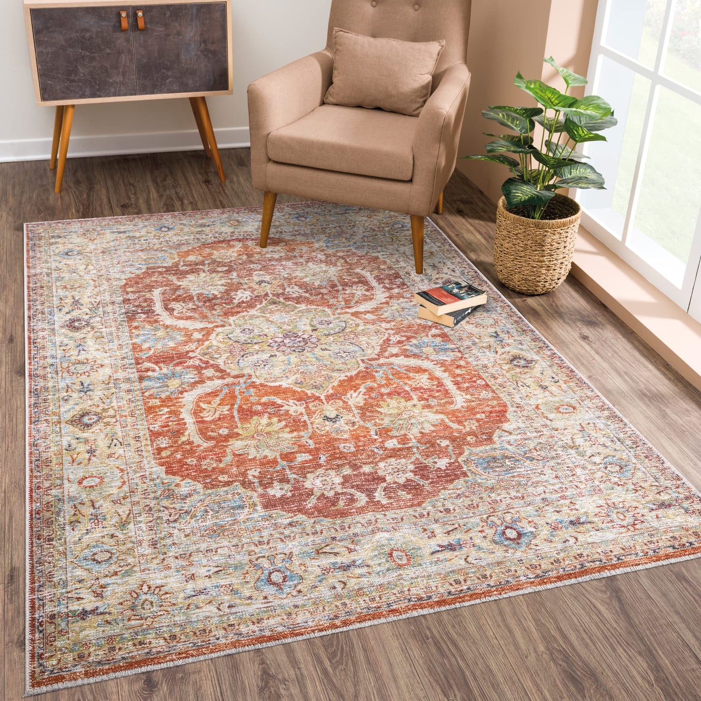 Bloom Rugs Caria, waschbarer, rutschfester Teppich, 4 x 6 Zoll, blauer traditioneller Teppich für Wohnzimmer, Schlafzimmer, Esszimmer und Küche, genaue Größe: 4 x 6 Fuß 