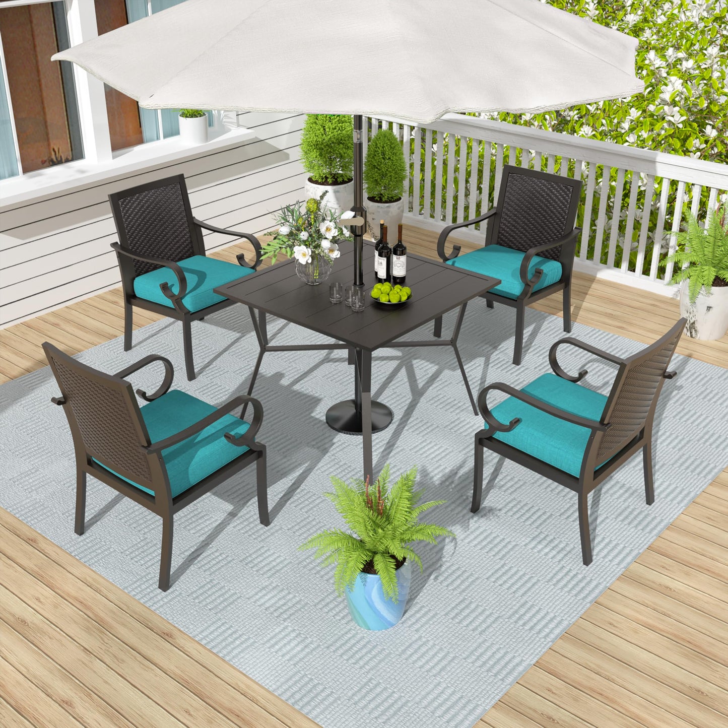 15 Pieces Patio Dining Set Outdoor Rattan Furniture Dinning Set with 3 Square Glass Tabletops 12 Chairs with Navy Blue Cushions for Patio, Backyard Outdoor Kitchen Lawn & Garden