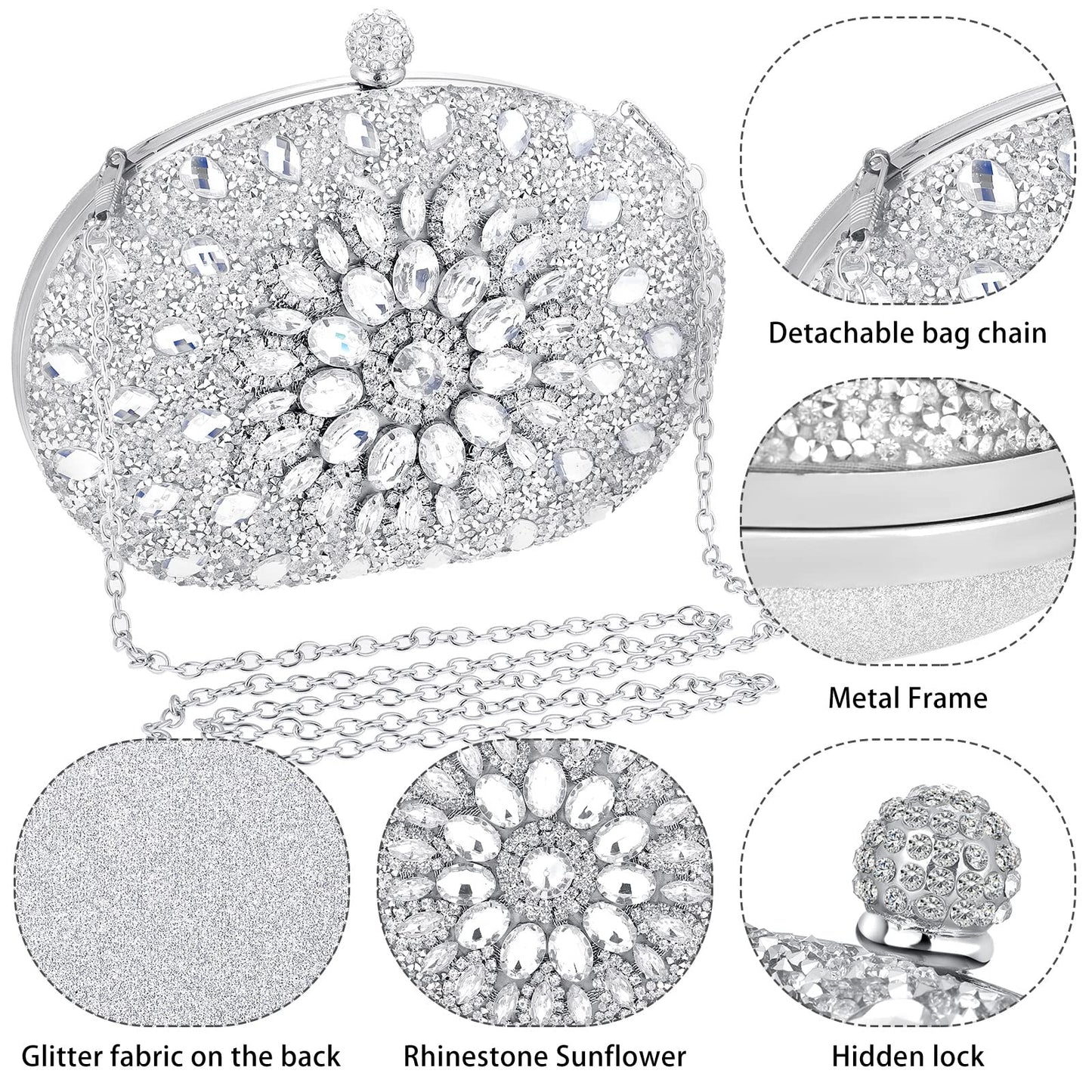 Ensemble de bijoux de mariage en argent, pochette, sac de soirée, sac à main, collier en strass, boucles d'oreilles, ensemble de bijoux de mariée en cristal pour femmes