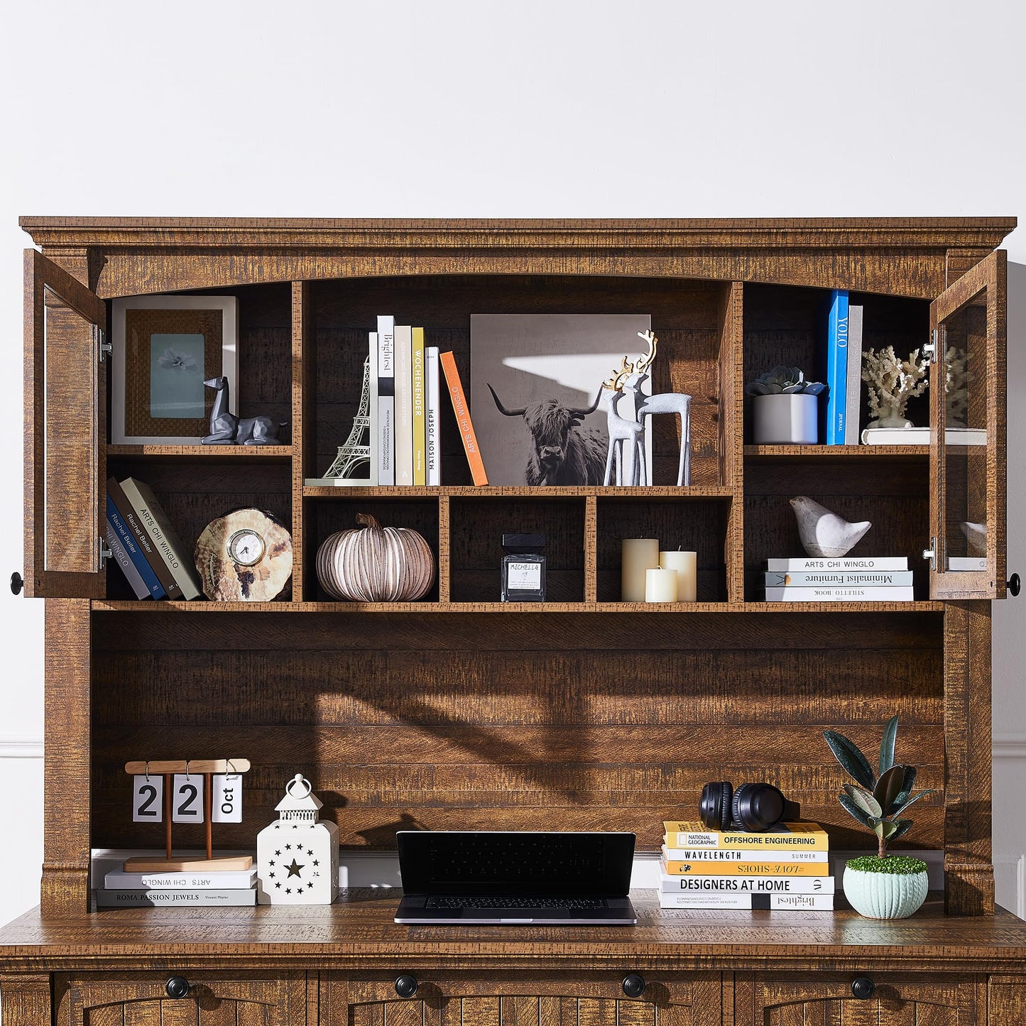 OKD 60" Executive Desk with Drawers, Farmhouse Home Office Desk with Charging Station, Keyboard Tray, File Cabinet Storage, Wood Computer Desk for Work and Study, Antique White