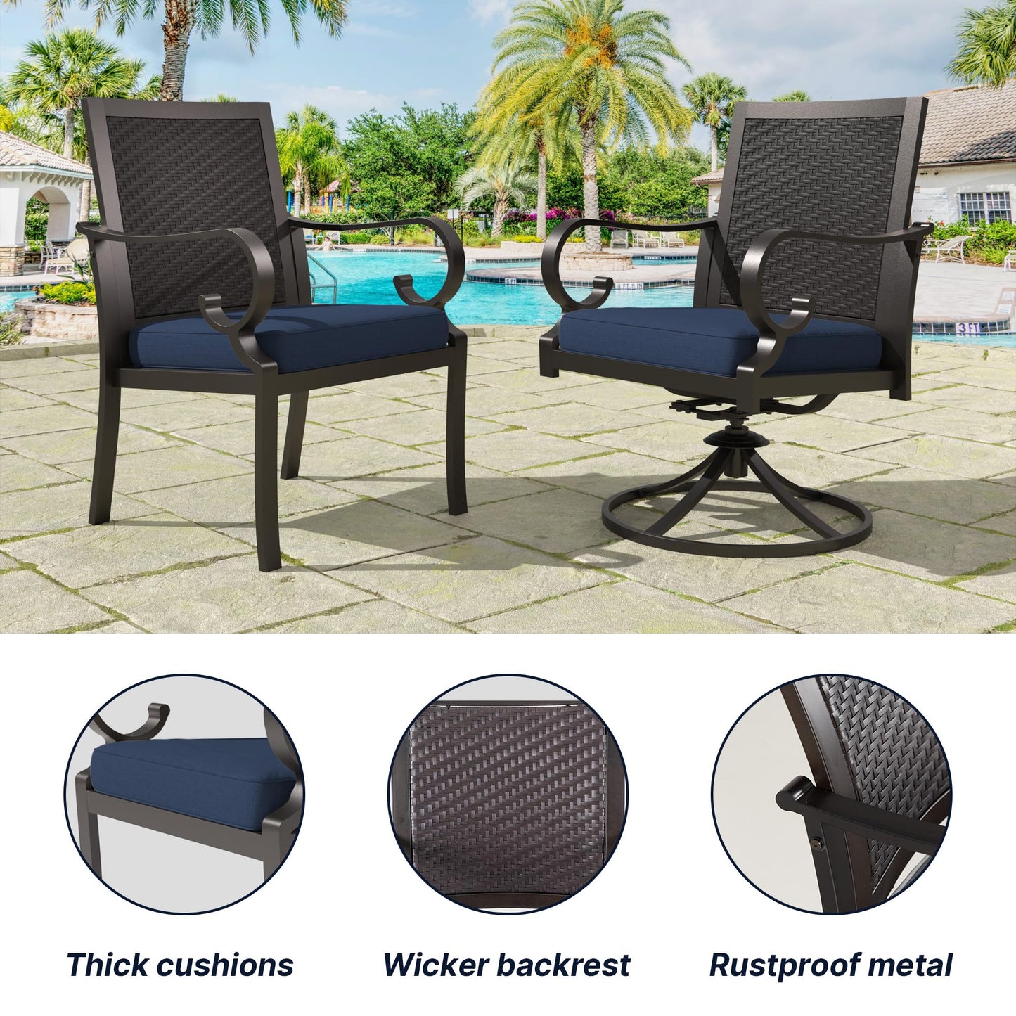 15 Pieces Patio Dining Set Outdoor Rattan Furniture Dinning Set with 3 Square Glass Tabletops 12 Chairs with Navy Blue Cushions for Patio, Backyard Outdoor Kitchen Lawn & Garden