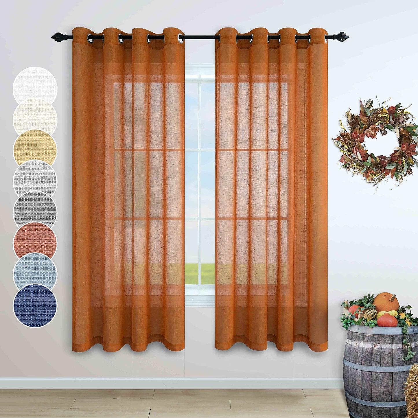 Burnt Orange Sheer Curtains 96 Inches Long for Living Room 2 Panel Set Grommet Window Coverings Pumpkin Winter Curtain for Dining Room Home Office Sunroom Cabin Closet Door Halloween Decor Brown 52x96