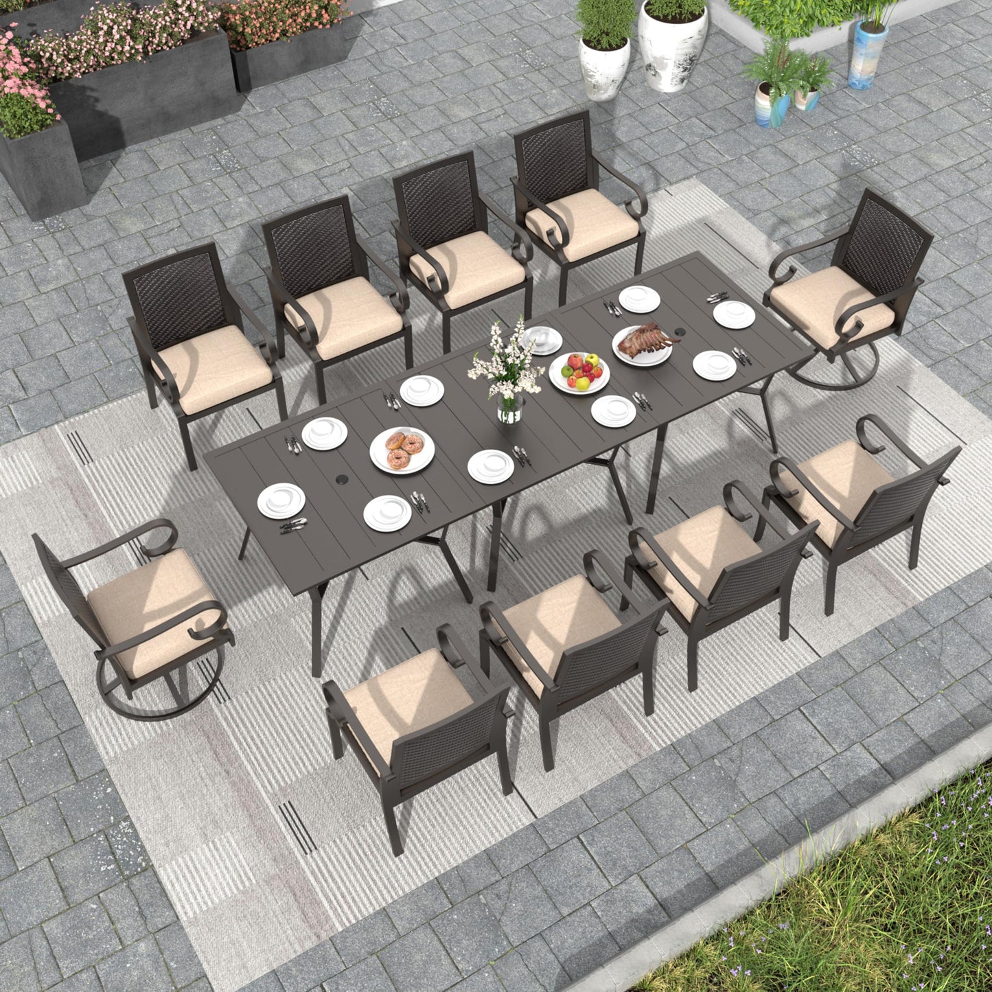 15 Pieces Patio Dining Set Outdoor Rattan Furniture Dinning Set with 3 Square Glass Tabletops 12 Chairs with Navy Blue Cushions for Patio, Backyard Outdoor Kitchen Lawn & Garden