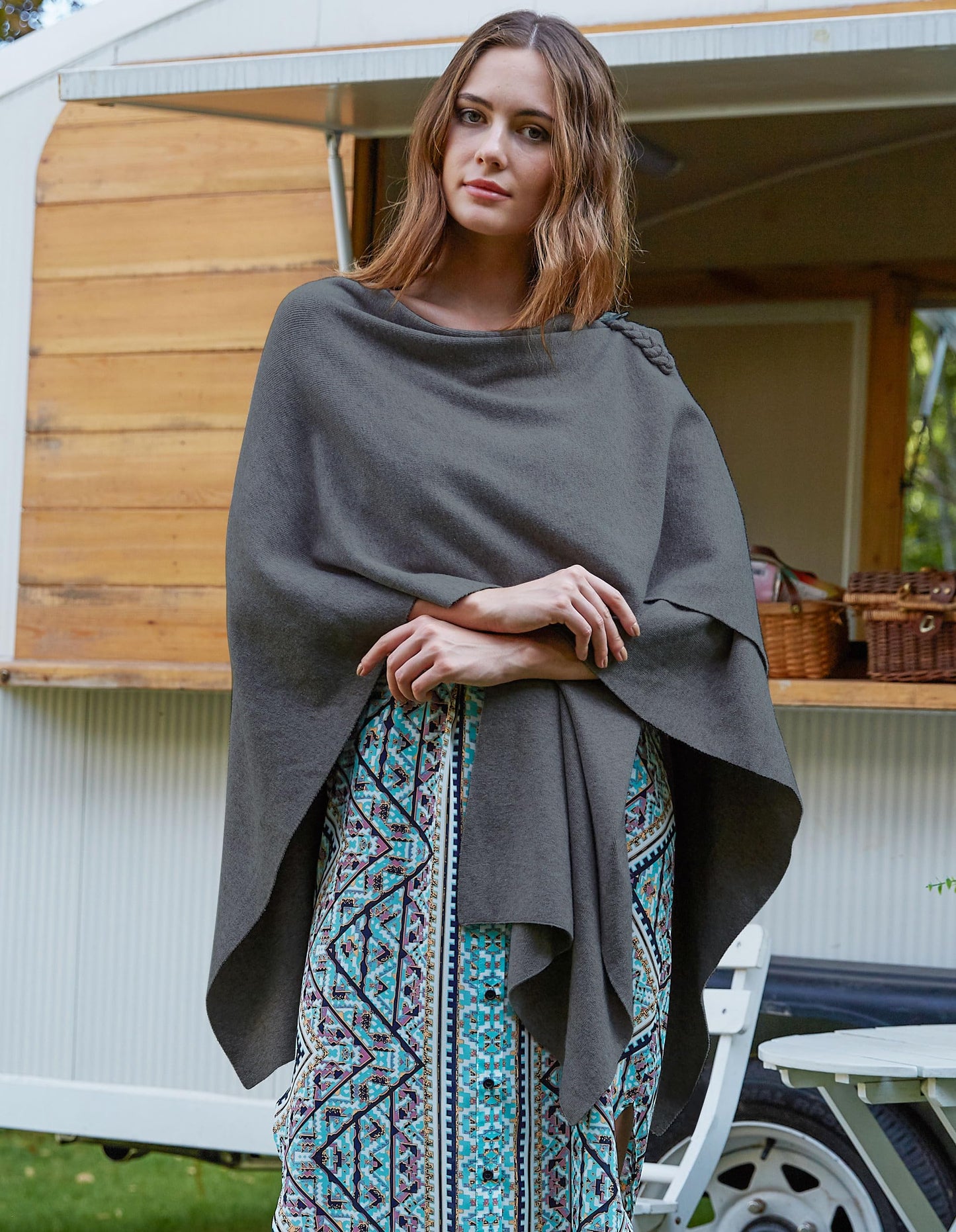 PULI Femmes Grand Poncho Croisé Sur Le Devant Pull Enveloppant Topper Tricoté Élégant Châles Cape pour l'Automne Hiver