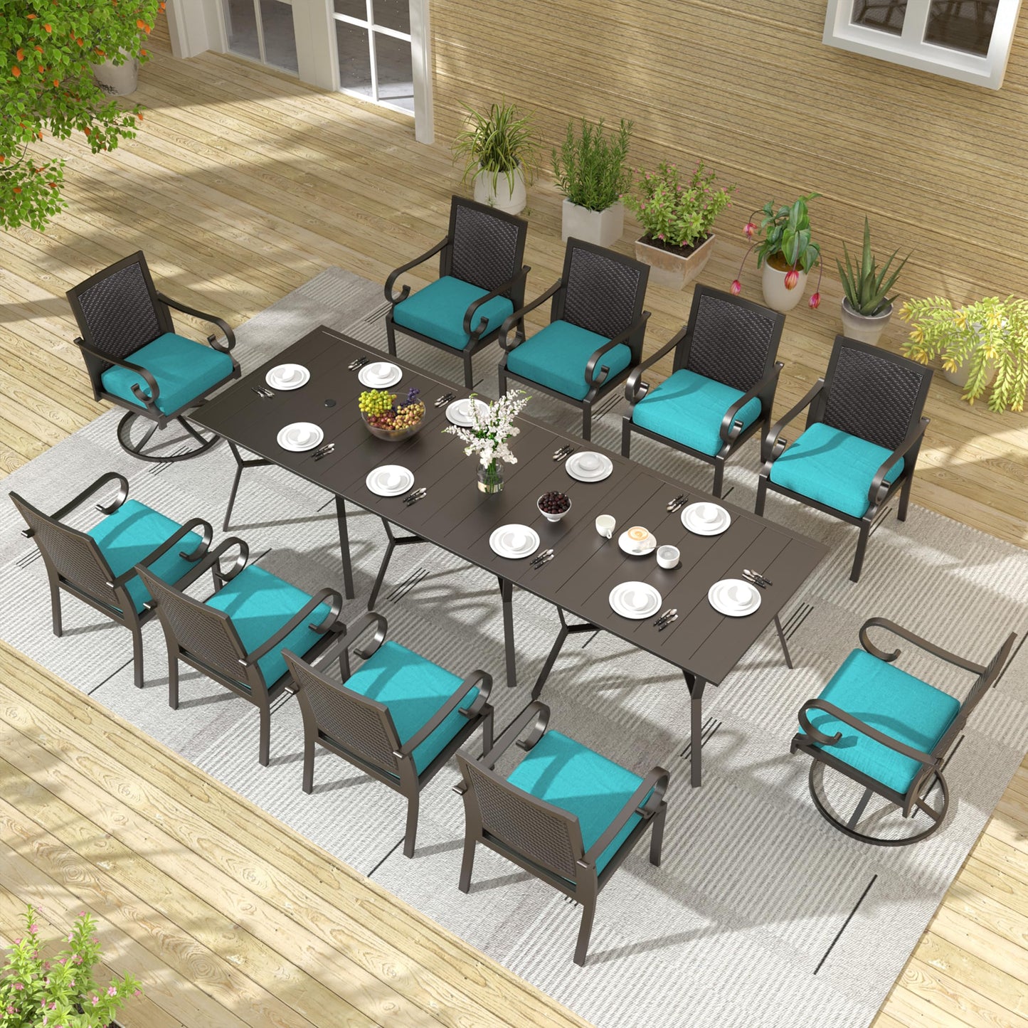 Ensemble de salle à manger de patio 15 pièces Meubles d'extérieur en rotin Ensemble de salle à manger avec 3 plateaux de table carrés en verre 12 chaises avec coussins bleu marine pour patio, arrière-cour, cuisine extérieure, pelouse et jardin 