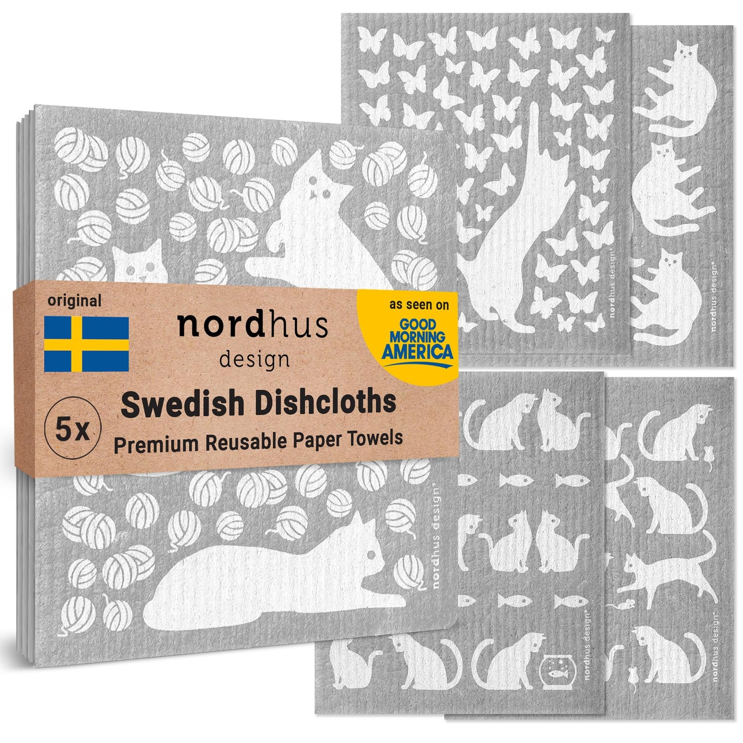 Nordhus Design Swedish Dishcloths for Kitchen, 10 Cloths, Made in Sweden - Reusable, Washable Cellulose Cotton Kitchen Cloths - Replace Paper Towels, Wipes, Sponges, Dish Rags