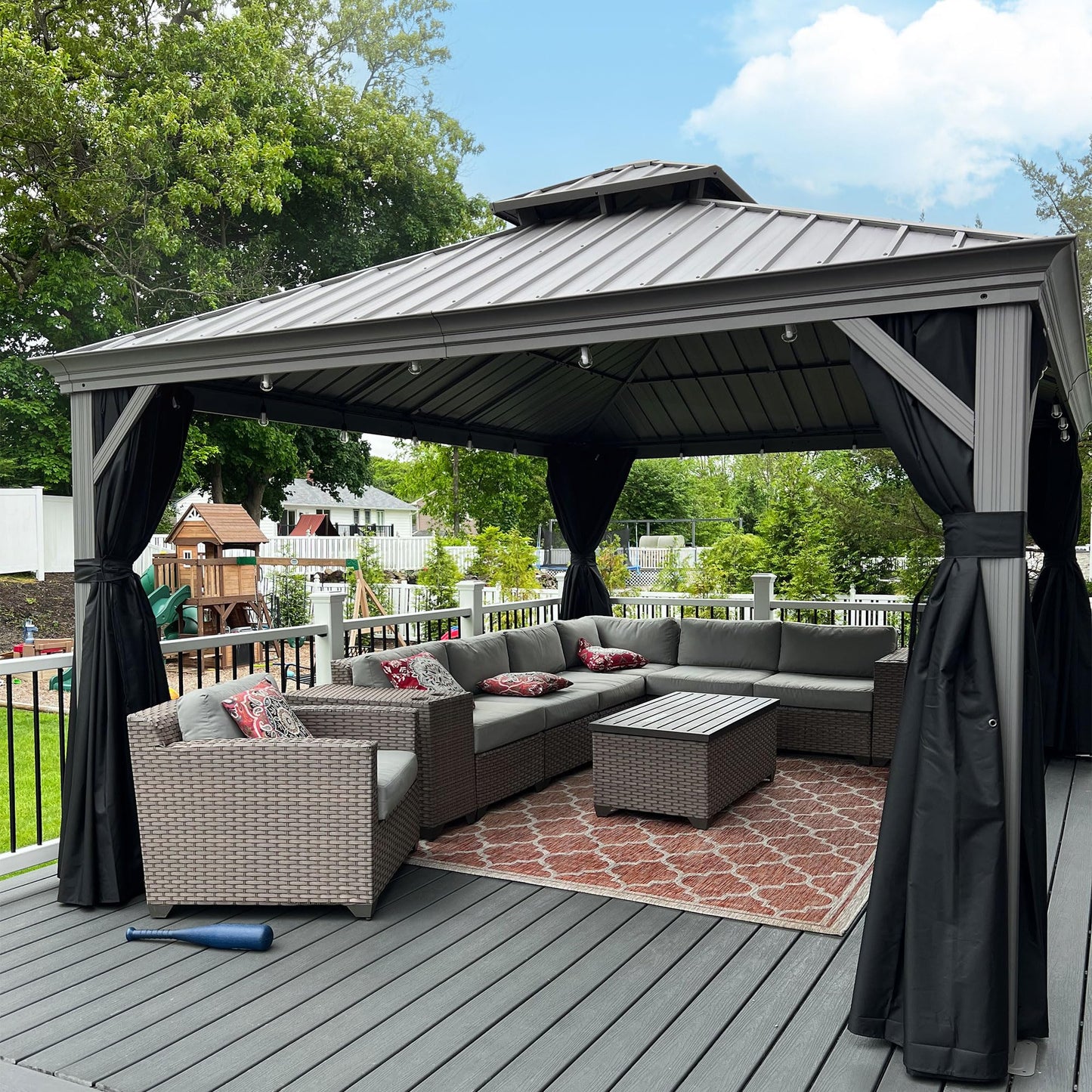 PURPLE LEAF 14' x 20' Patio Hardtop Gazebo with Light Metal Roof Heavy Duty Wind Resistance Outdoor Permanent Large Pavilion Gazebo for Patio Deck and Garden, Netting and Curtains Included, Light Grey