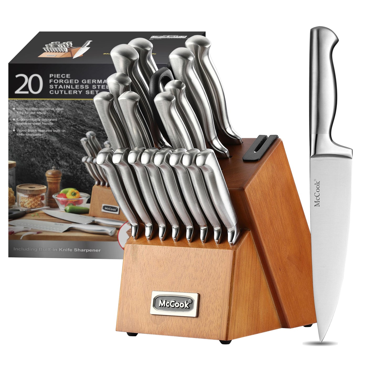 McCook® Knife Sets, Golden Titanium Stainless Steel Kitchen Knife Block Sets with Built-in Sharpener