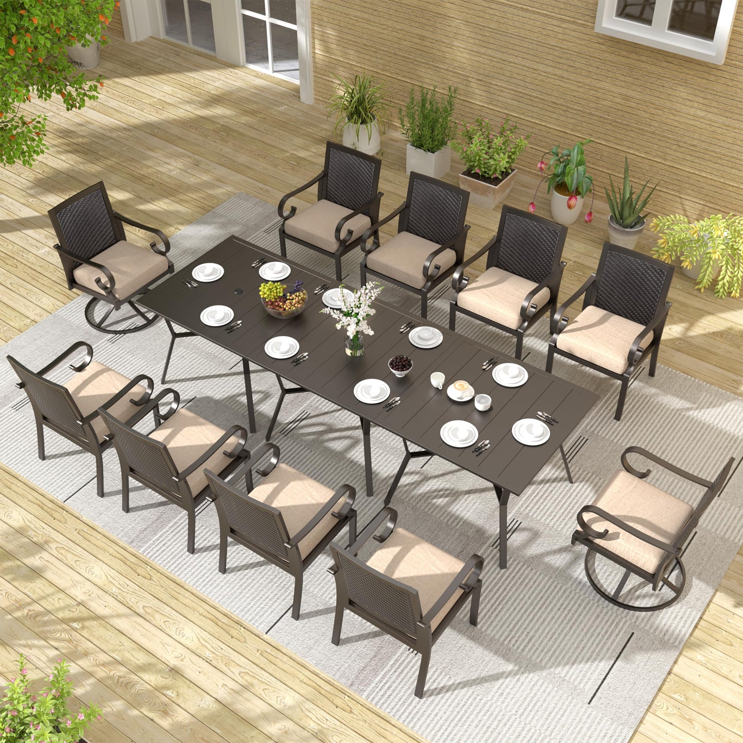 15 Pieces Patio Dining Set Outdoor Rattan Furniture Dinning Set with 3 Square Glass Tabletops 12 Chairs with Navy Blue Cushions for Patio, Backyard Outdoor Kitchen Lawn & Garden