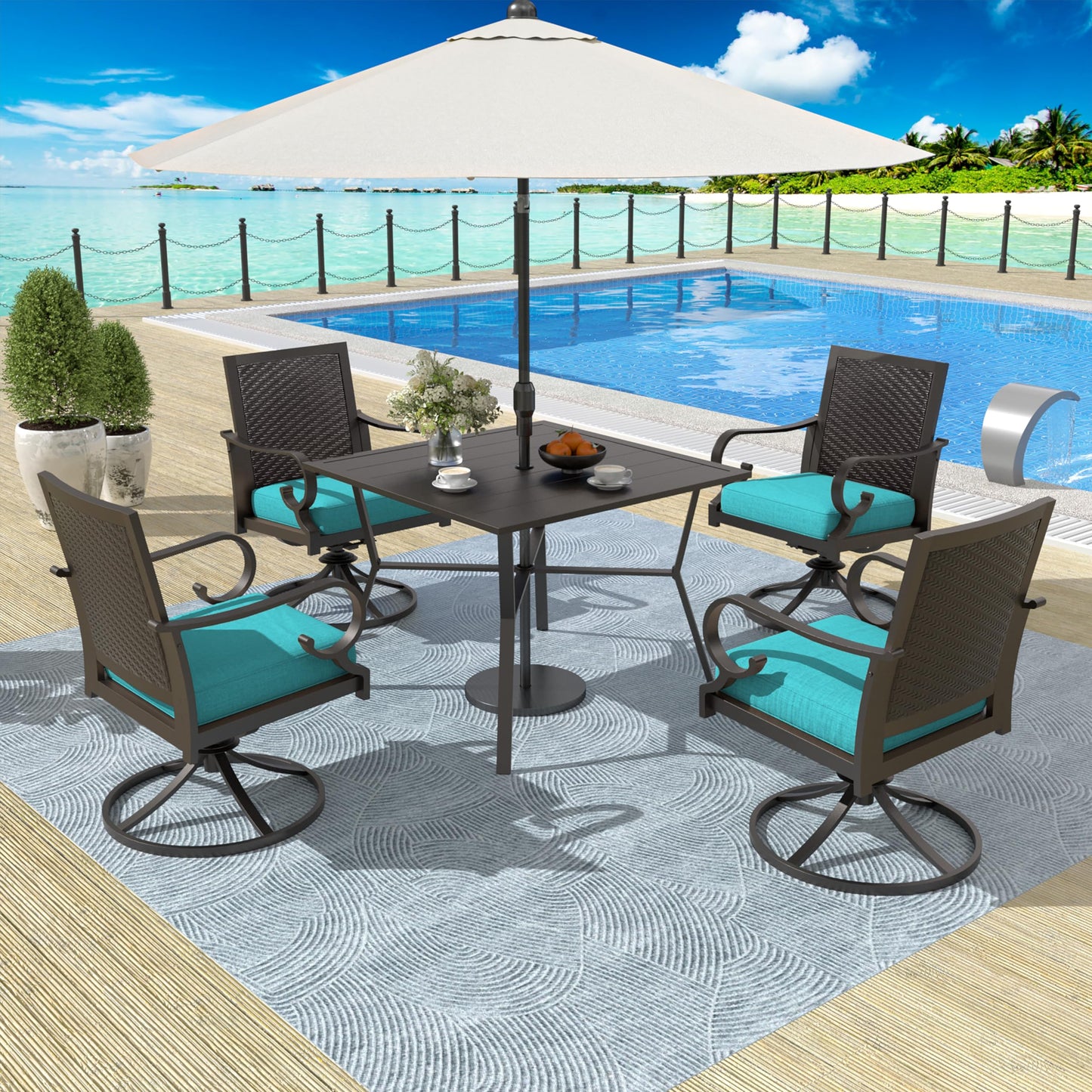 15 Pieces Patio Dining Set Outdoor Rattan Furniture Dinning Set with 3 Square Glass Tabletops 12 Chairs with Navy Blue Cushions for Patio, Backyard Outdoor Kitchen Lawn & Garden