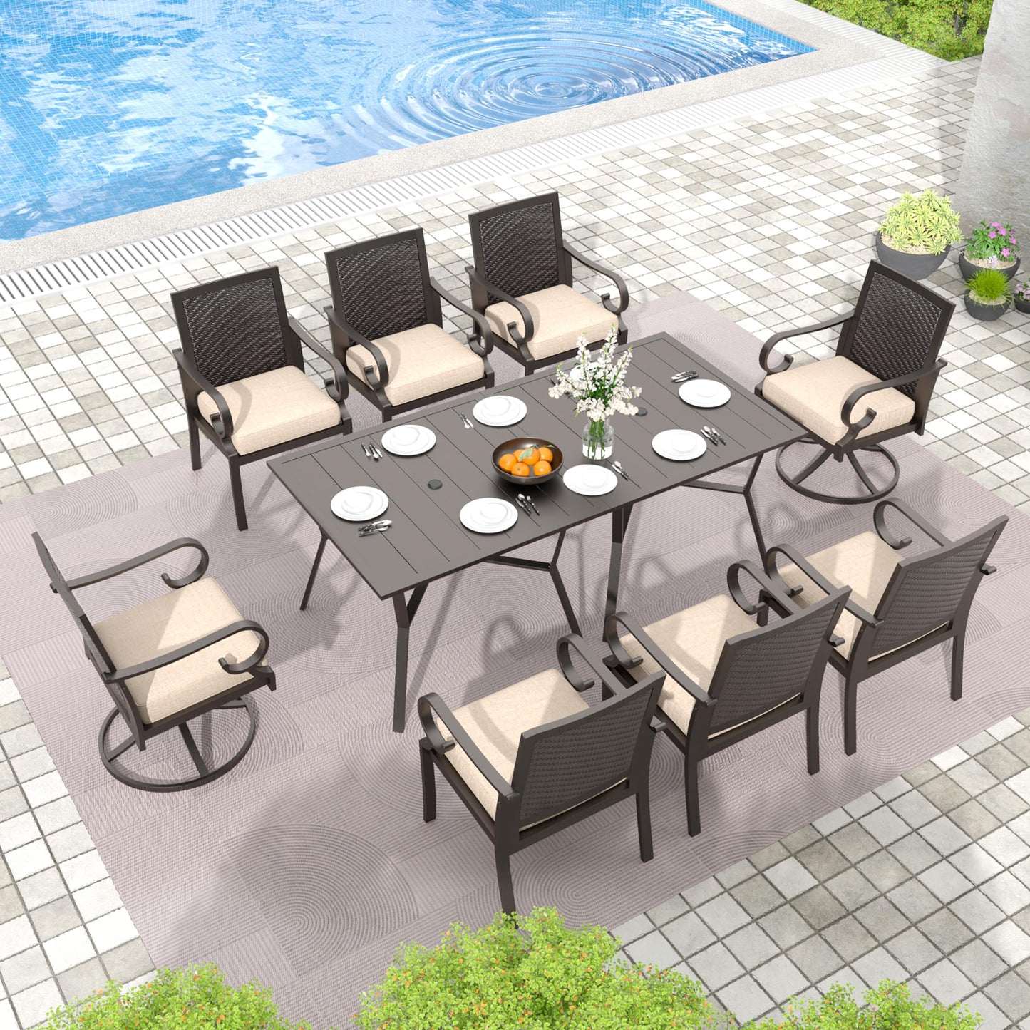 15 Pieces Patio Dining Set Outdoor Rattan Furniture Dinning Set with 3 Square Glass Tabletops 12 Chairs with Navy Blue Cushions for Patio, Backyard Outdoor Kitchen Lawn & Garden