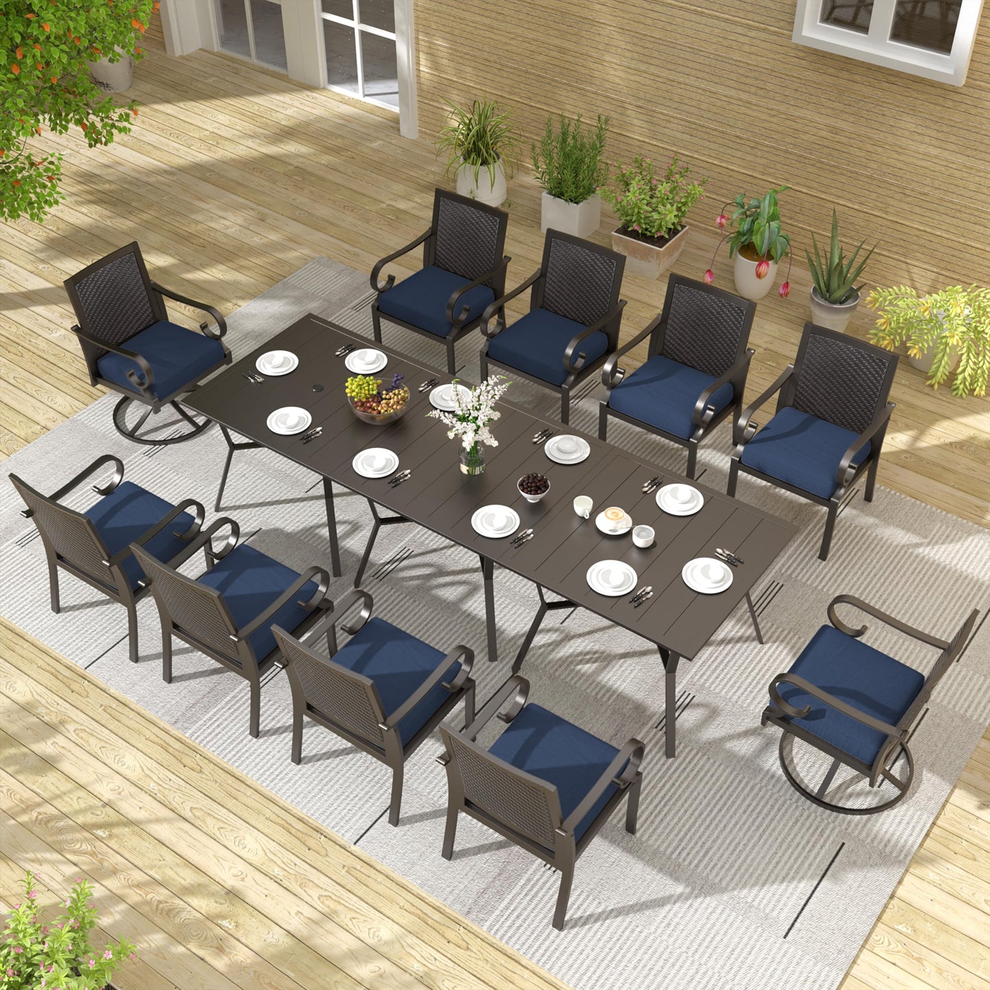 15 Pieces Patio Dining Set Outdoor Rattan Furniture Dinning Set with 3 Square Glass Tabletops 12 Chairs with Navy Blue Cushions for Patio, Backyard Outdoor Kitchen Lawn & Garden