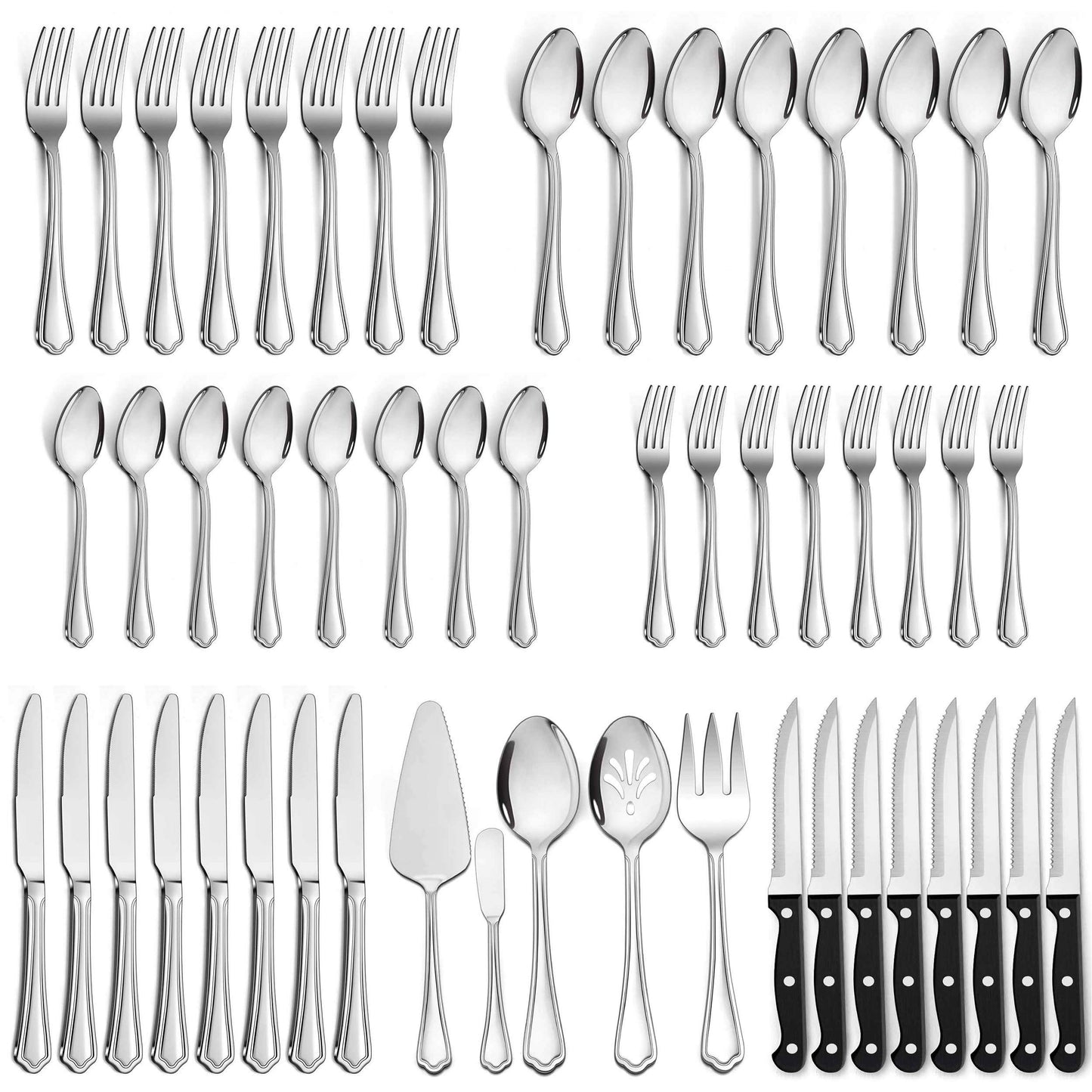 LIANYU 41-Piece Silverware Flatware Set for 6, Plus Steak Knives and Serving Utensils, Stainless Steel Flatware Cutlery Set, Eating Utensils Tableware with Scalloped Edge, Dishwasher Safe