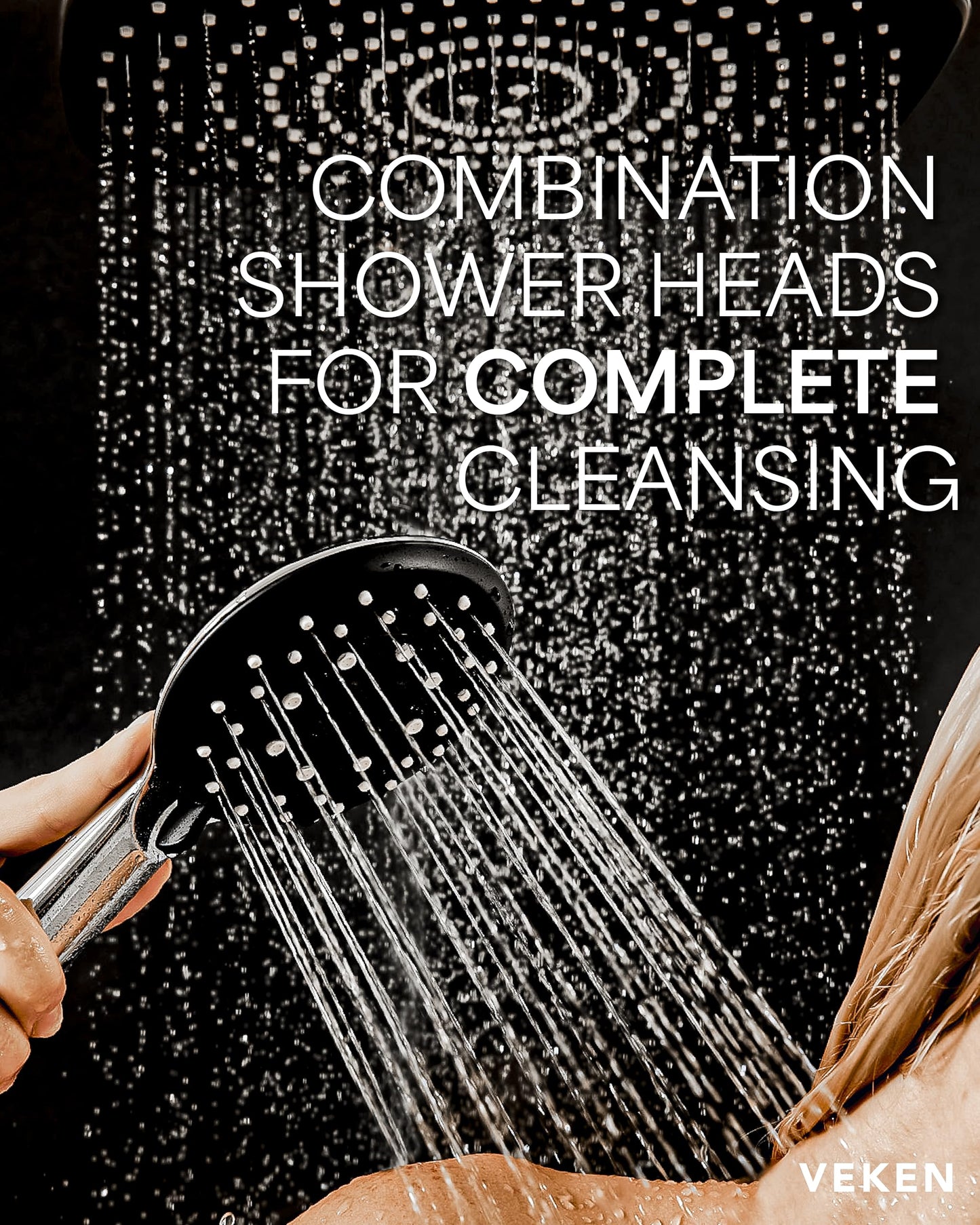 Veken High Pressure Rain Shower Head Combo with Extension Arm- Wide Showerhead with 6 Handheld Water Spray - Adjustable Dual Shower with Anti-Clog Nozzles - Silver Chrome