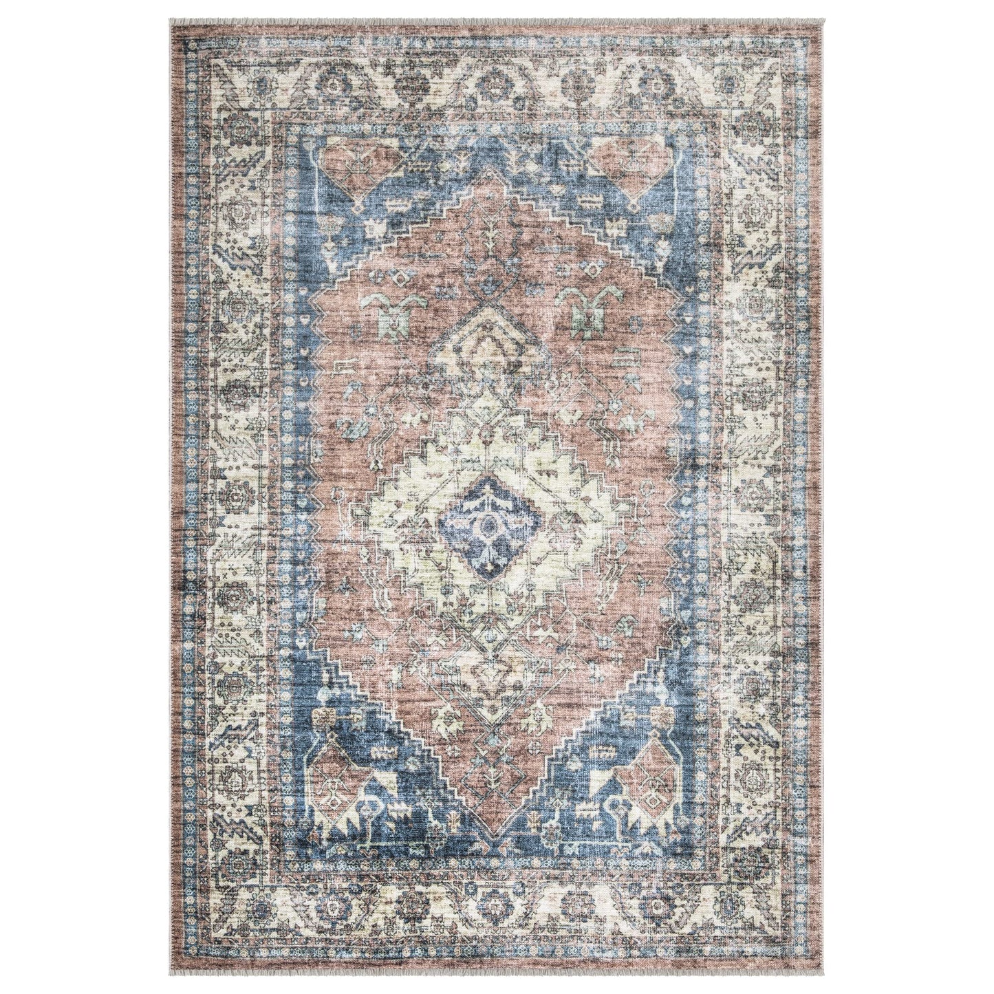 Tapis lavable antidérapant Bloom Rugs Caria 4x6 - Tapis traditionnel bleu pour salon, chambre, salle à manger et cuisine - Taille exacte : 4' x 6' 