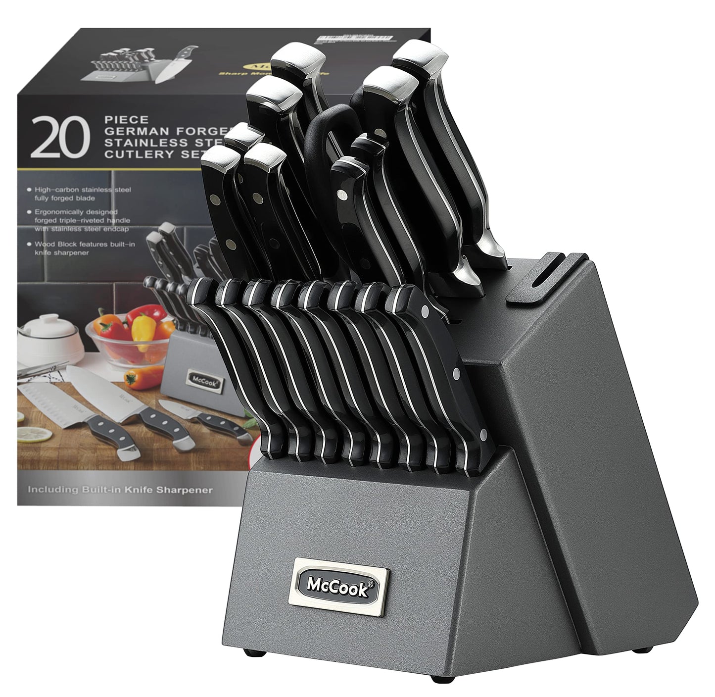 McCook® Knife Sets,German Stainless Steel Kitchen Knife Block Set with Built-in Sharpener