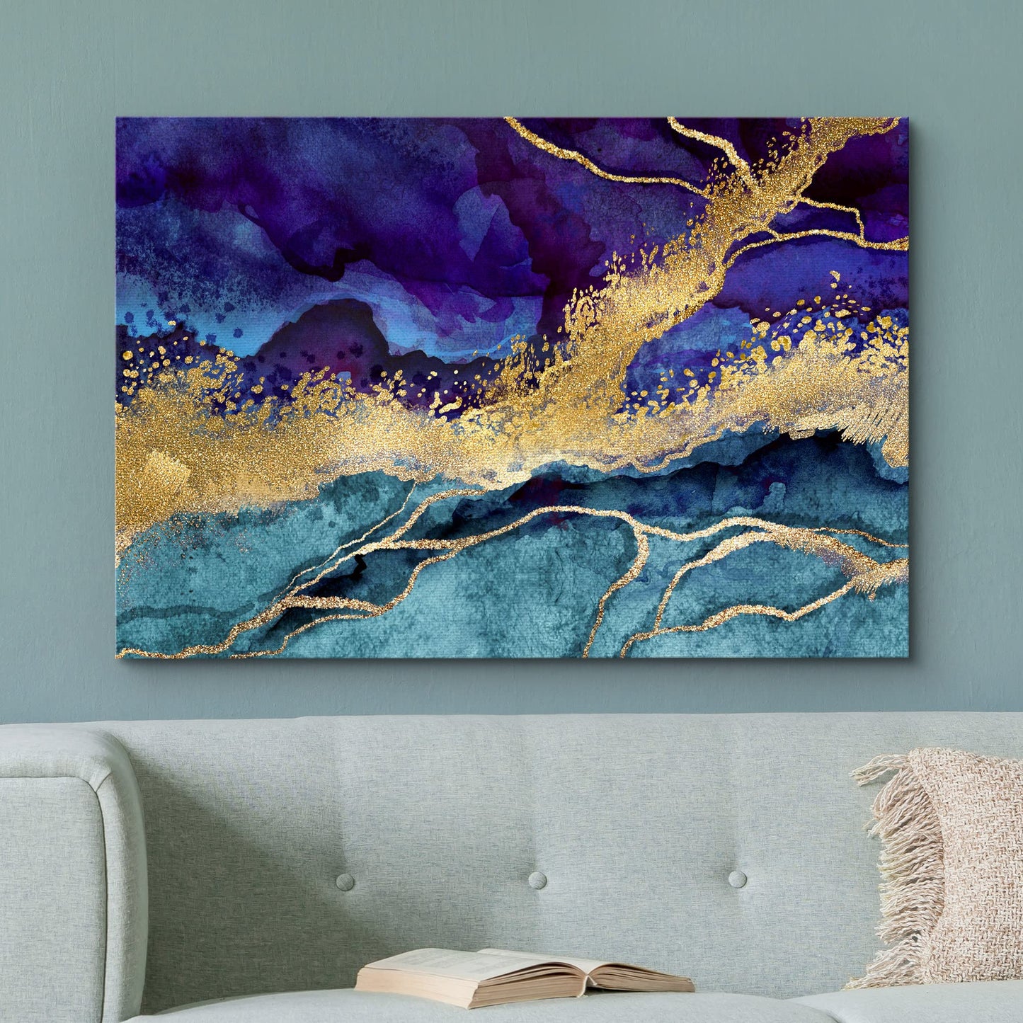 Impression sur toile encadrée wall26 Art mural Paysage en marbre violet, or et bleu sarcelle Formes abstraites Illustrations Moderne Chic Coloré Multicolore Ultra pour salon, chambre, bureau - 24x36 Naturel 