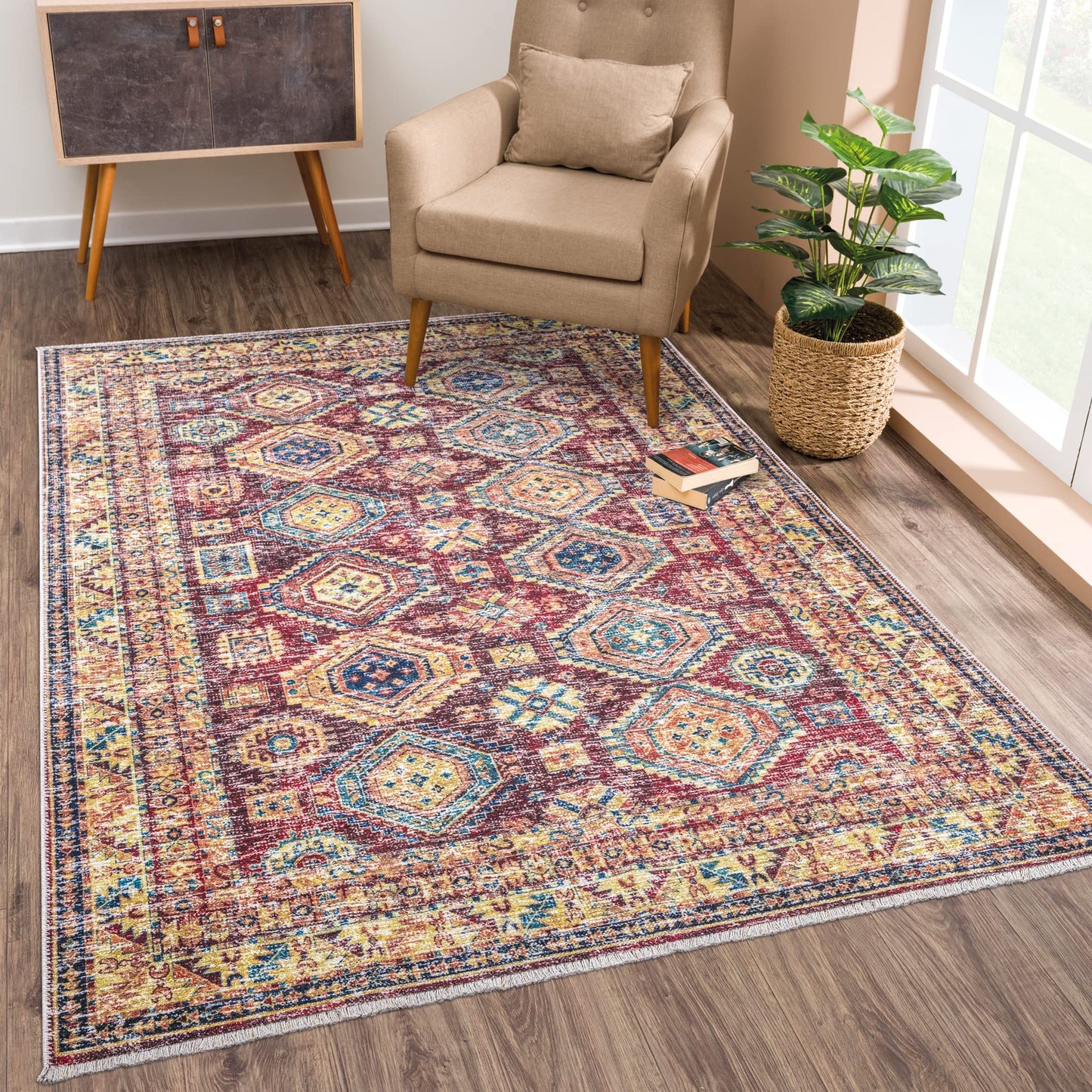 Tapis lavable antidérapant Bloom Rugs Caria 4x6 - Tapis traditionnel bleu pour salon, chambre, salle à manger et cuisine - Taille exacte : 4' x 6' 