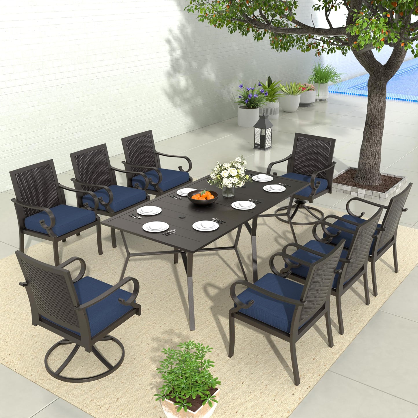 15 Pieces Patio Dining Set Outdoor Rattan Furniture Dinning Set with 3 Square Glass Tabletops 12 Chairs with Navy Blue Cushions for Patio, Backyard Outdoor Kitchen Lawn & Garden