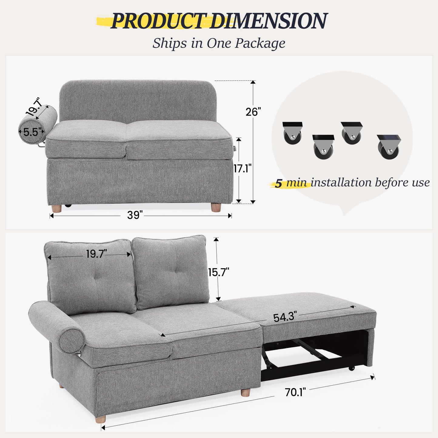 Canapé-lit convertible 4 en 1, canapé-lit en tissu lin avec 2 coussins décoratifs, fauteuil inclinable simple pour petit espace avec dossier à 5 angles réglables 