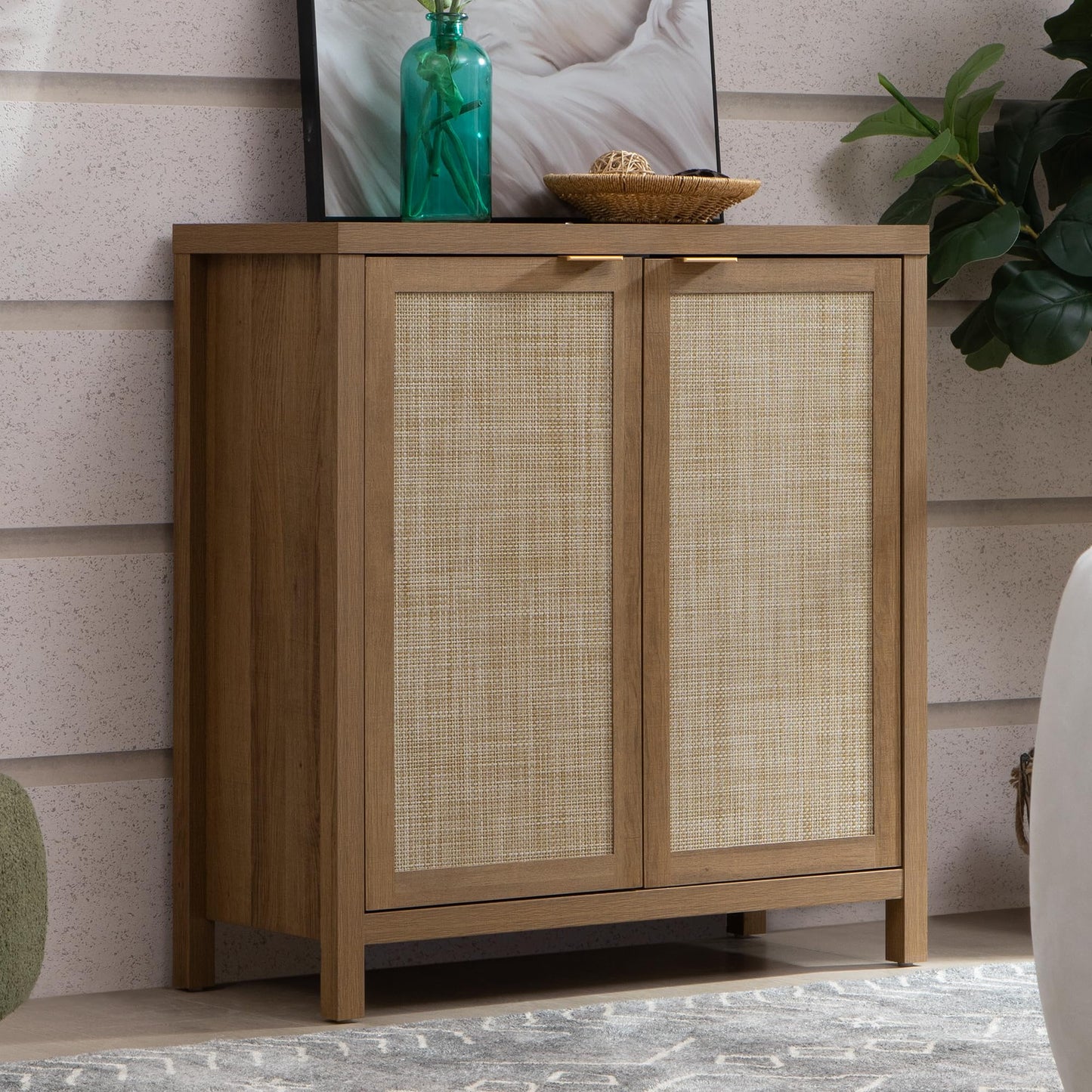 SICOTAS Rattan-Sideboard, Buffetschrank – großer Küchenschrank im Boho-Stil mit Rattan-Aufbewahrung – Holz-Kaffeebar-Schrank, Buffet-Konsolentisch für Esszimmer, Wohnzimmer, Flur – Natur 