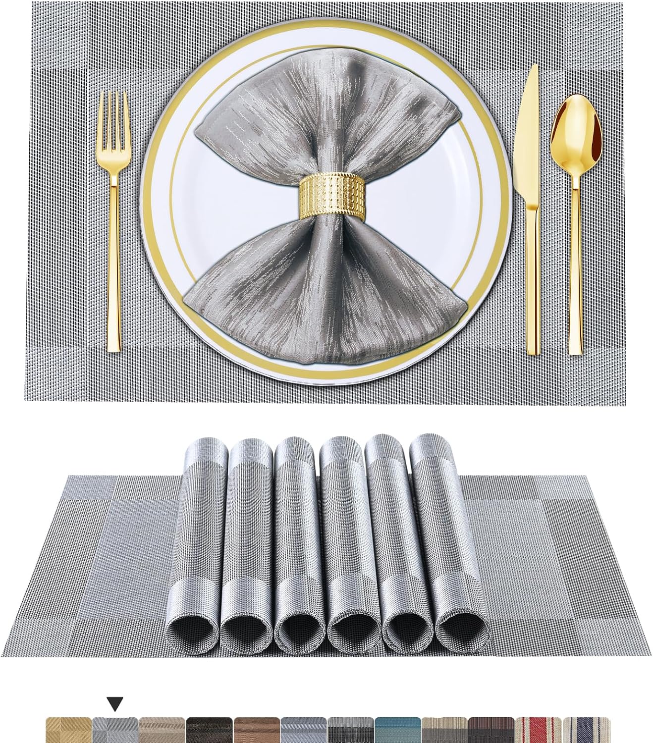 Lot de 6 sets de table en vinyle tissé pour table à manger, lavables et lavables, sets de table de cuisine durables pour intérieur et extérieur, 01 beige, 6 pièces 