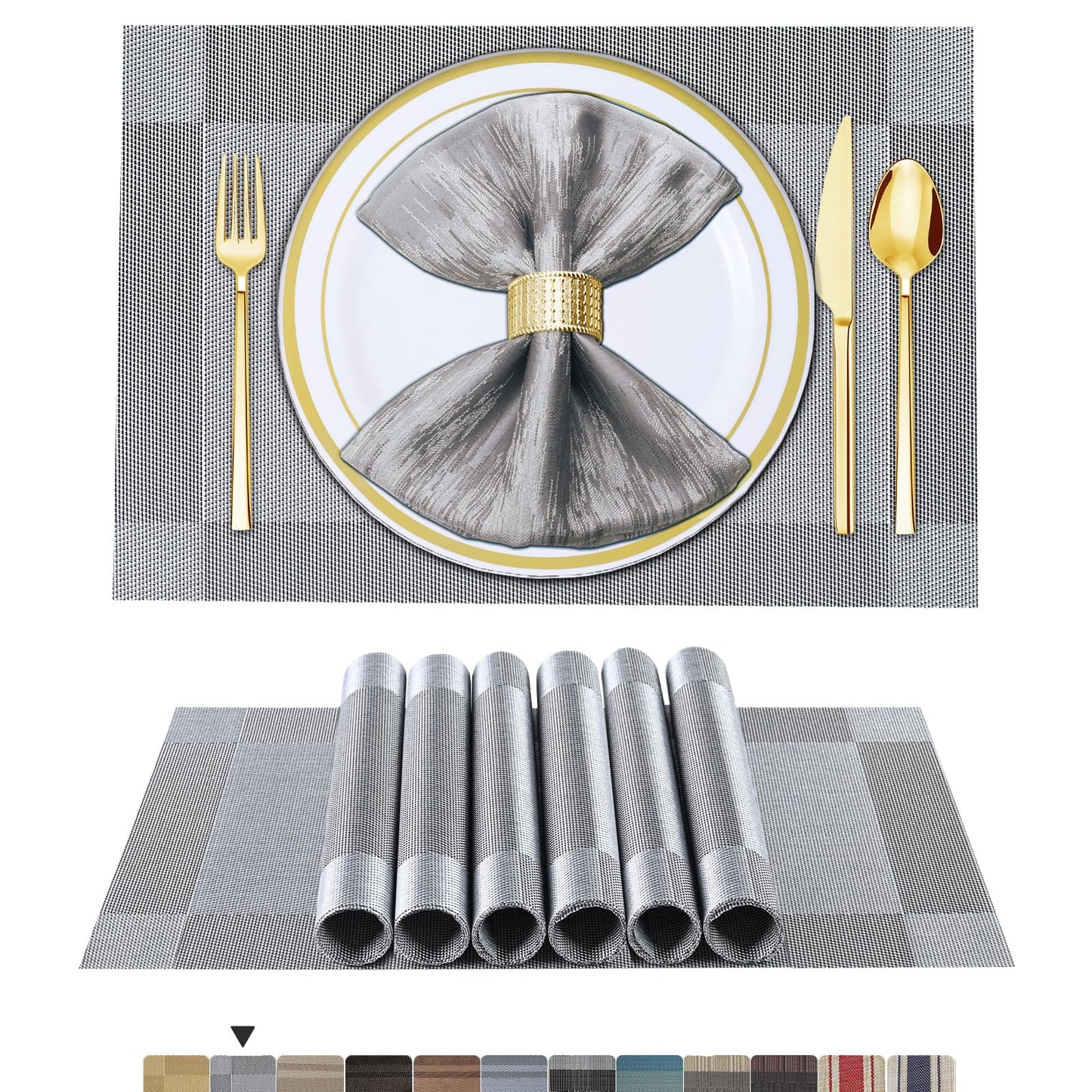 Lot de 6 sets de table en vinyle tissé pour table à manger, lavables et lavables, sets de table de cuisine durables pour intérieur et extérieur, 01 beige, 6 pièces 