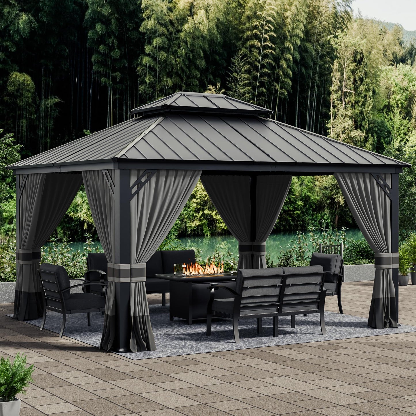 12x20ft Hardtop Gazebo Double Roof, Outdoor Pavilion with 2-Layer Hard top Galvanized Iron Frame Garden Tent, Suitable for courtyards, backyards, Decks, and Grass