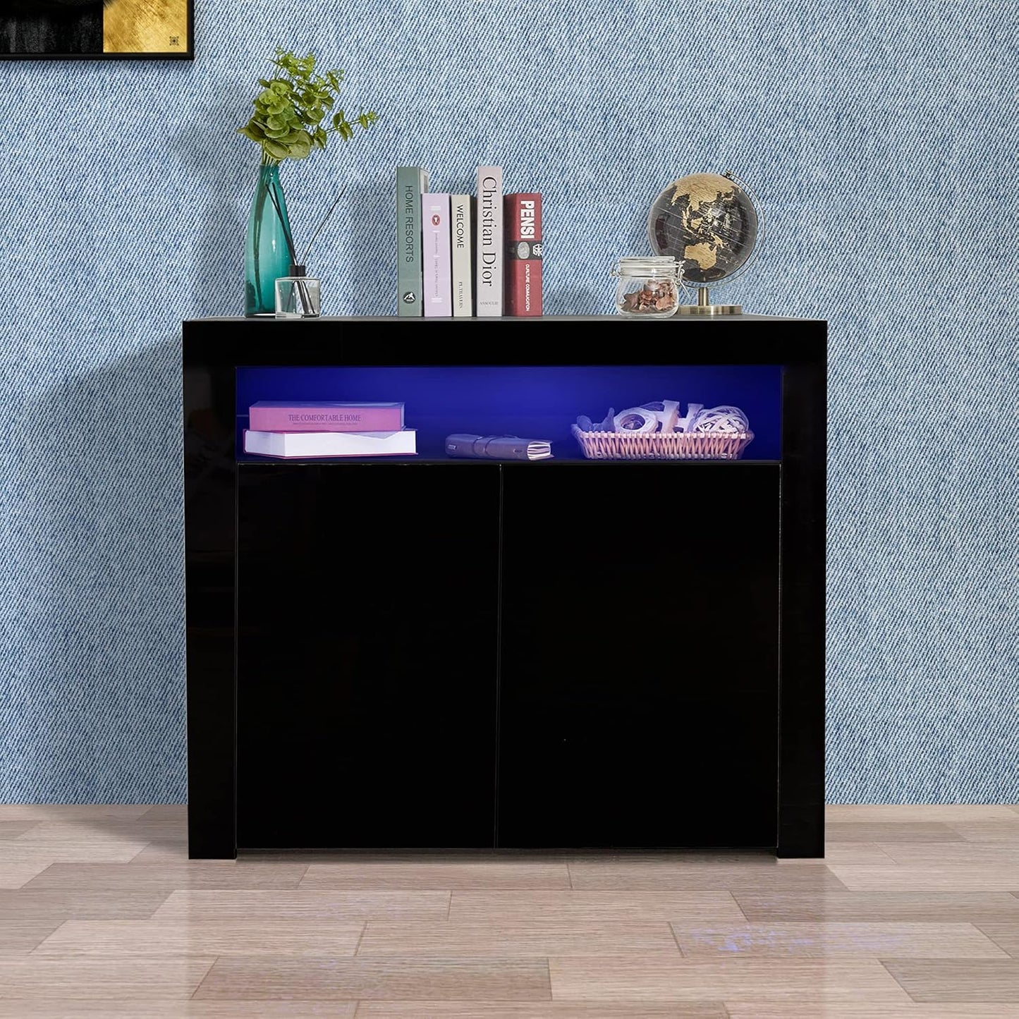 Sideboard, Vitrine mit LED-Licht, modern, schwarz, Hochglanz, Küchenaufbewahrungsschrank, Buffetschrank, Holz, Küchenzeile, Schrank, Buffetvitrine, TV-Ständer mit 2 Türen für Flur, Esszimmer 