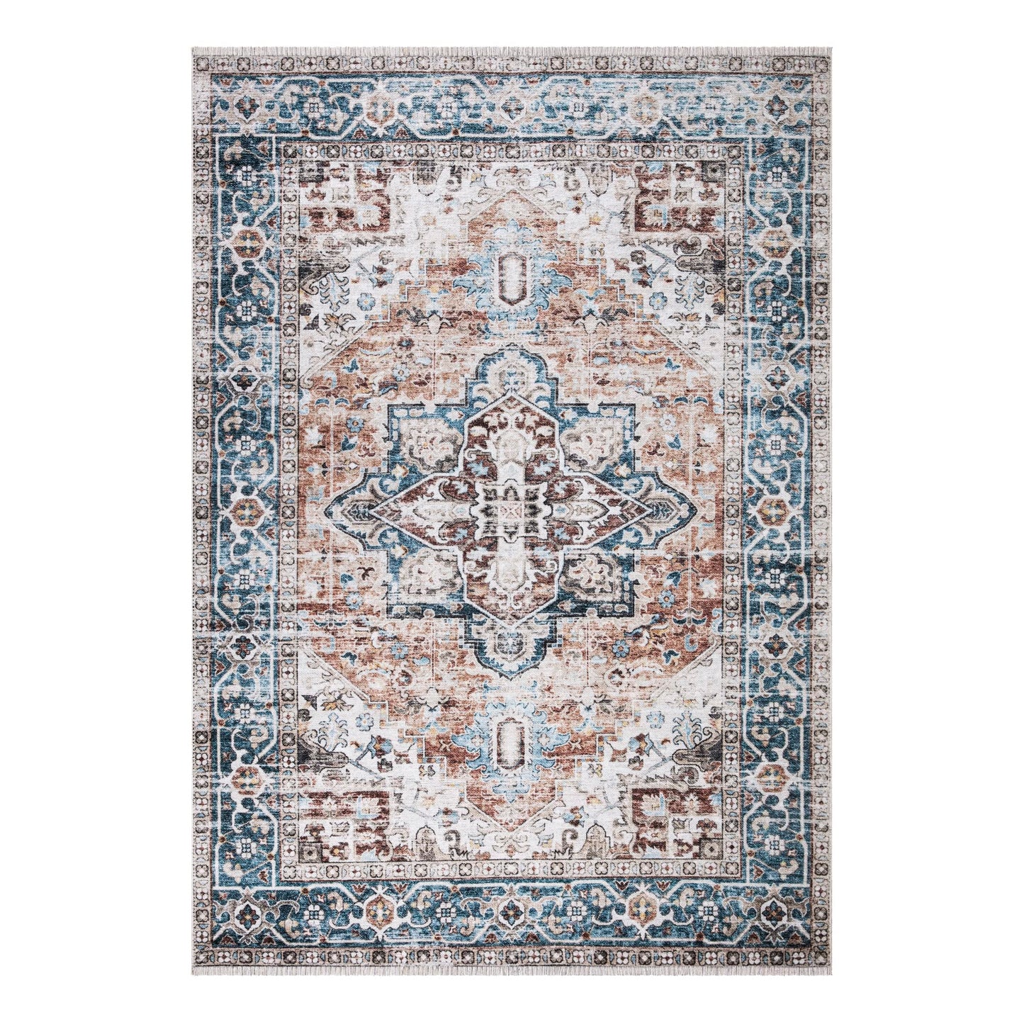 Tapis lavable antidérapant Bloom Rugs Caria 4x6 - Tapis traditionnel bleu pour salon, chambre, salle à manger et cuisine - Taille exacte : 4' x 6' 