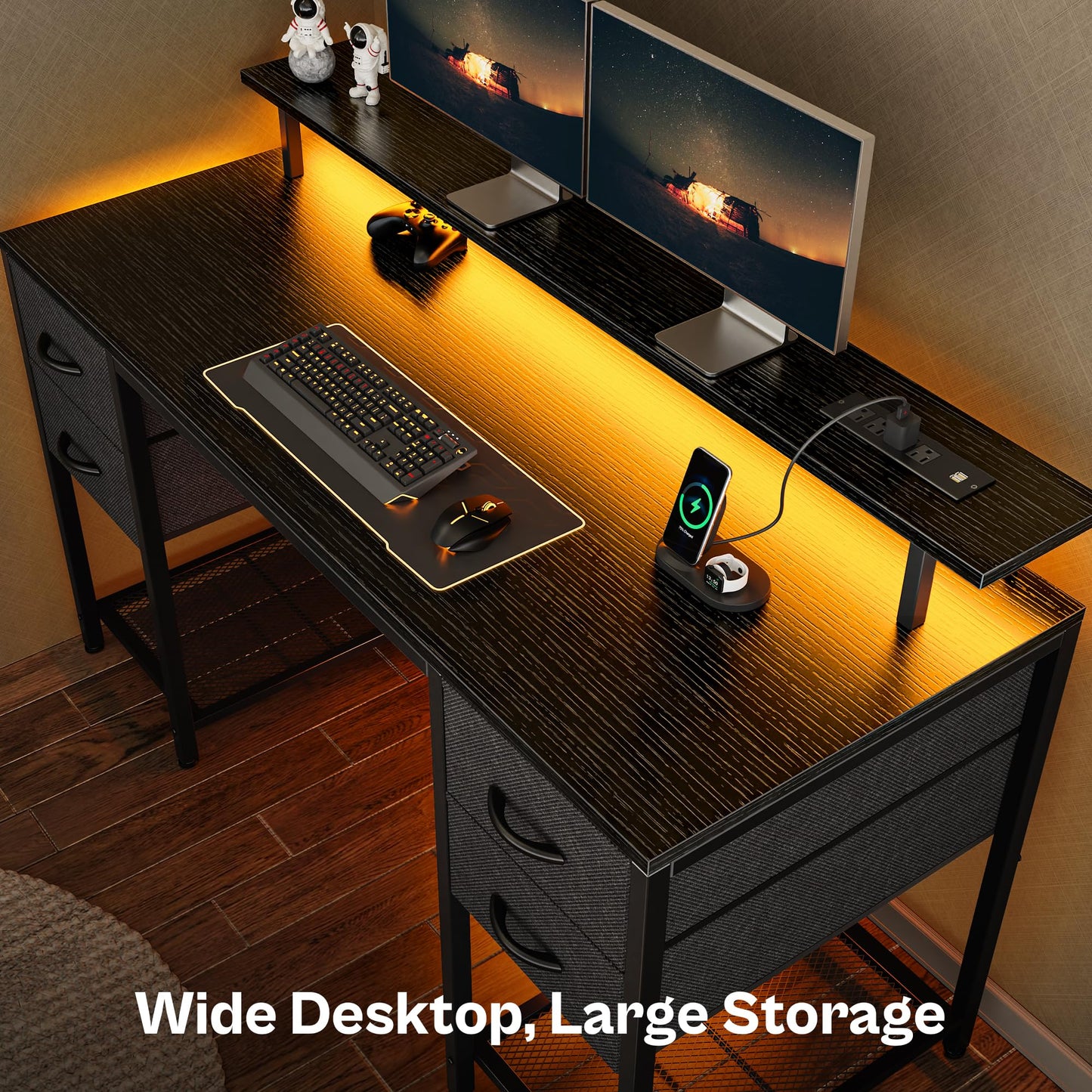 Bureau d'ordinateur Huuger de 47 pouces avec 4 tiroirs, bureau de jeu avec lumières LED et prises de courant, bureau à domicile avec grand espace de rangement pour chambre à coucher, travail à domicile, noir 