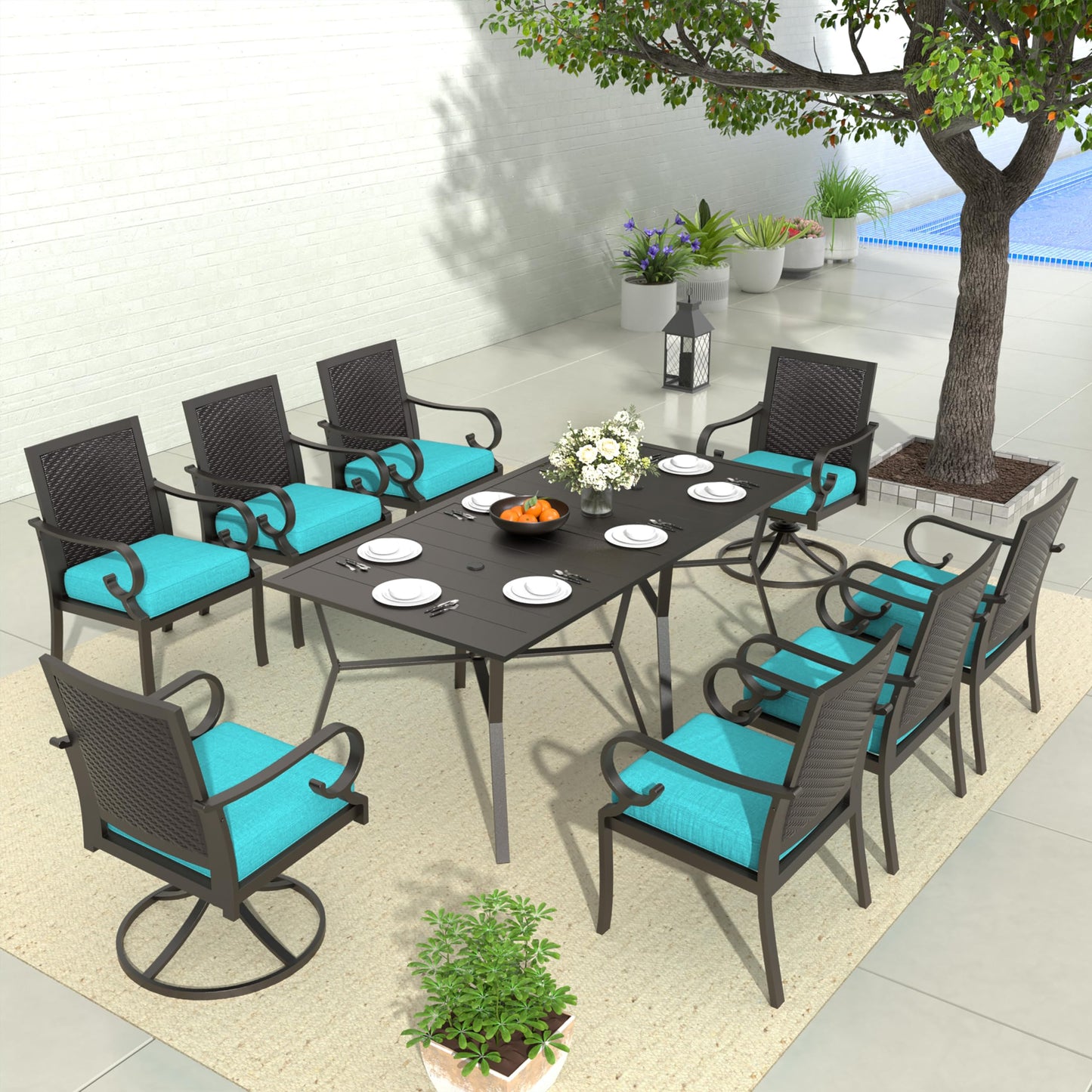 15 Pieces Patio Dining Set Outdoor Rattan Furniture Dinning Set with 3 Square Glass Tabletops 12 Chairs with Navy Blue Cushions for Patio, Backyard Outdoor Kitchen Lawn & Garden