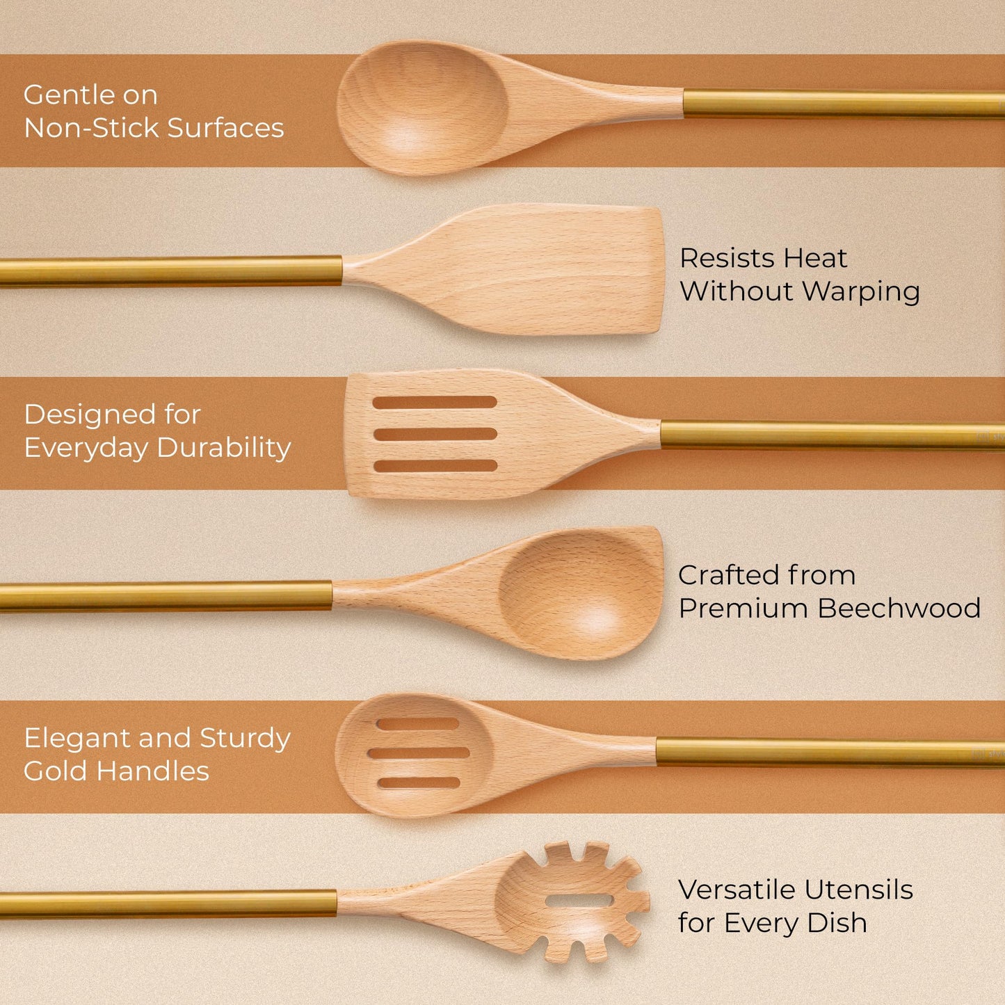 Kochutensilien-Set aus Holz – 8-teiliges Set mit Küchenutensilien aus Holz und Gold, weißem Utensilienhalter und Löffelablage aus Holz – langlebige und stilvolle Küchenwerkzeuge zum Kochen und Servieren 