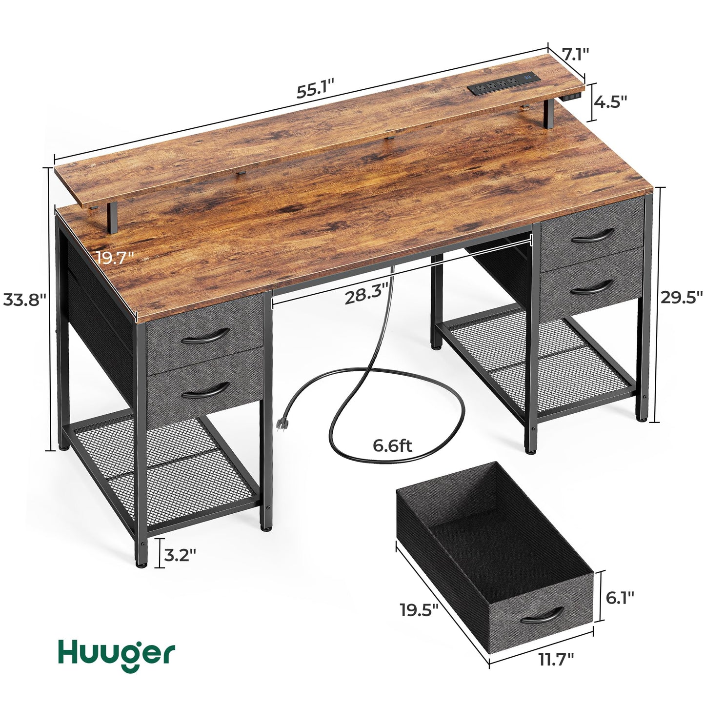 Huuger 47 inch Computer Desk with 4 Drawers, Gaming Desk with LED Lights & Power Outlets, Home Office Desk with Large Storage Space for Bedroom, Work from Home, Black