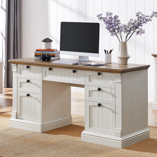 Bureau exécutif OKD 60" avec tiroirs, bureau à domicile de style ferme avec station de charge, plateau pour clavier, rangement pour classeurs, bureau d'ordinateur en bois pour le travail et les études, blanc antique 